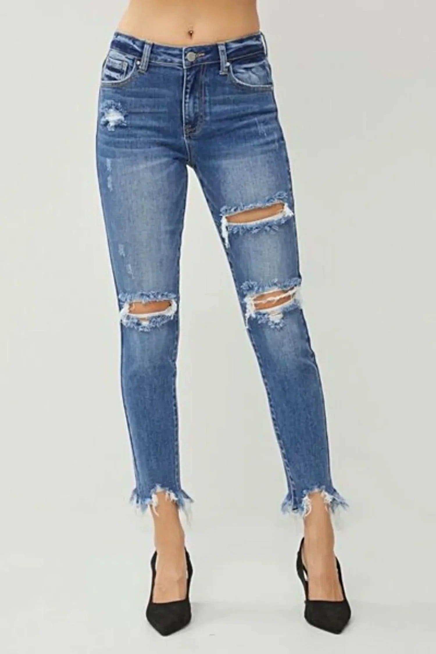 RISEN Distressed Frayed Hem Slim Jeans - Jeans