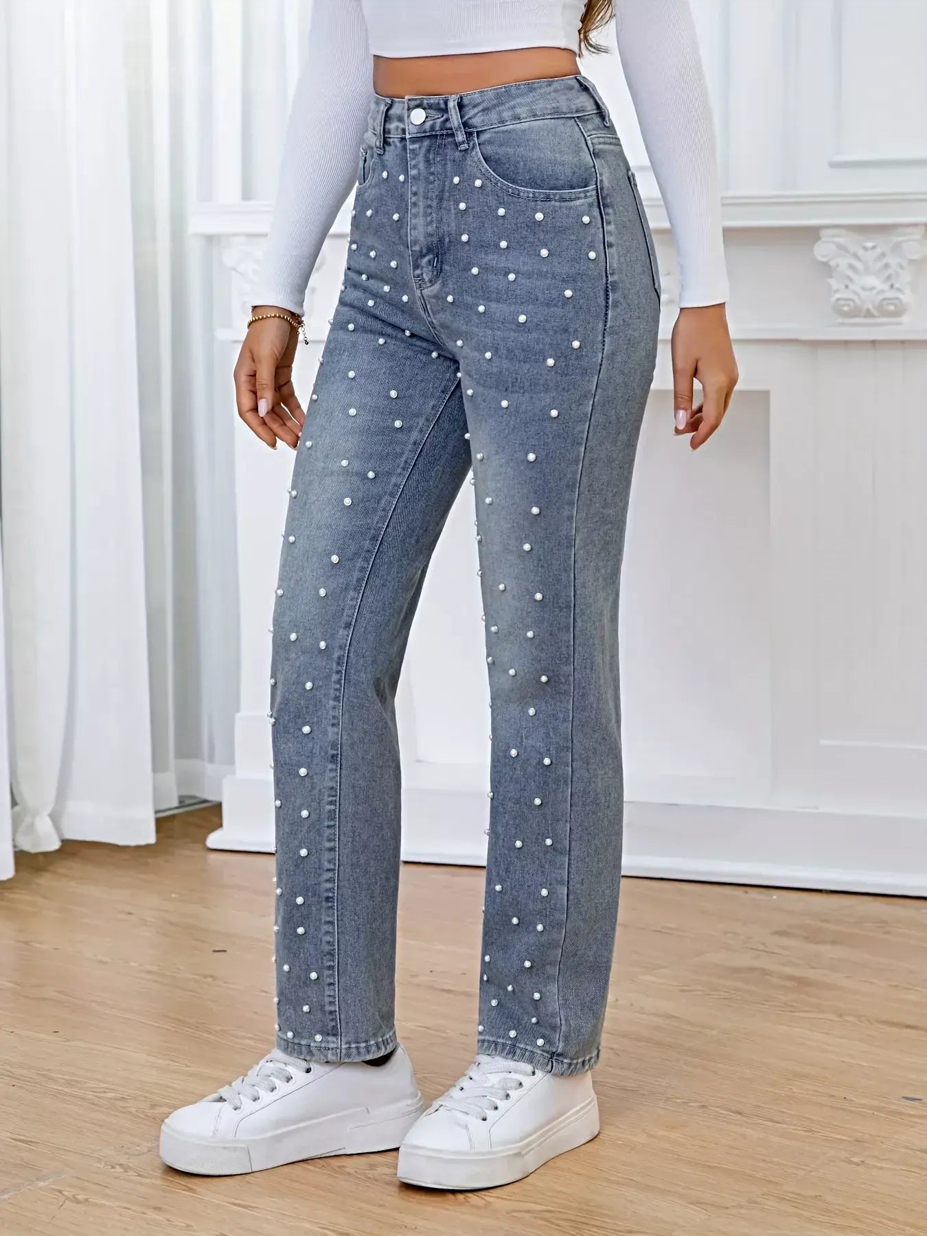 Pearl Embellished High Waist Straight Jeans -