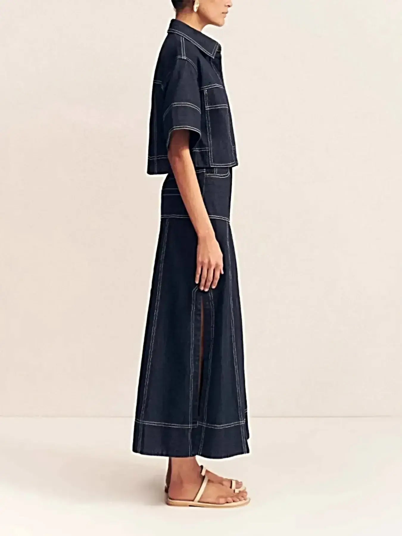 High Waisted Denim Skirt with Side Slit and Contrast Stitch - Chic Maxi Style -