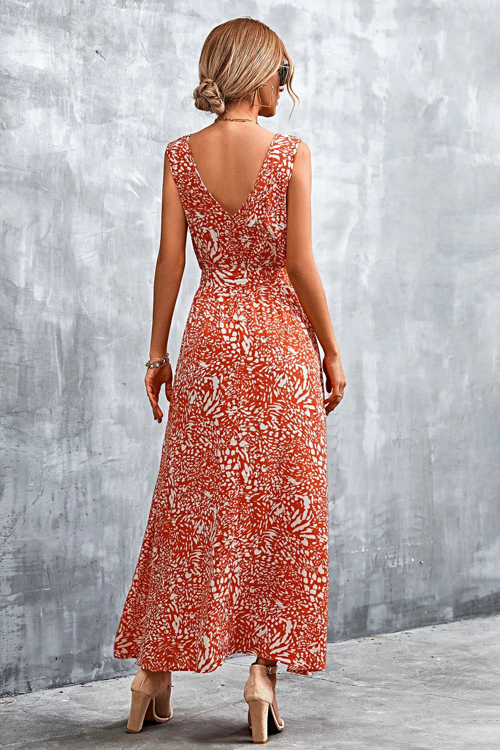 Printed V-Neck Tie Waist Maxi Dress -