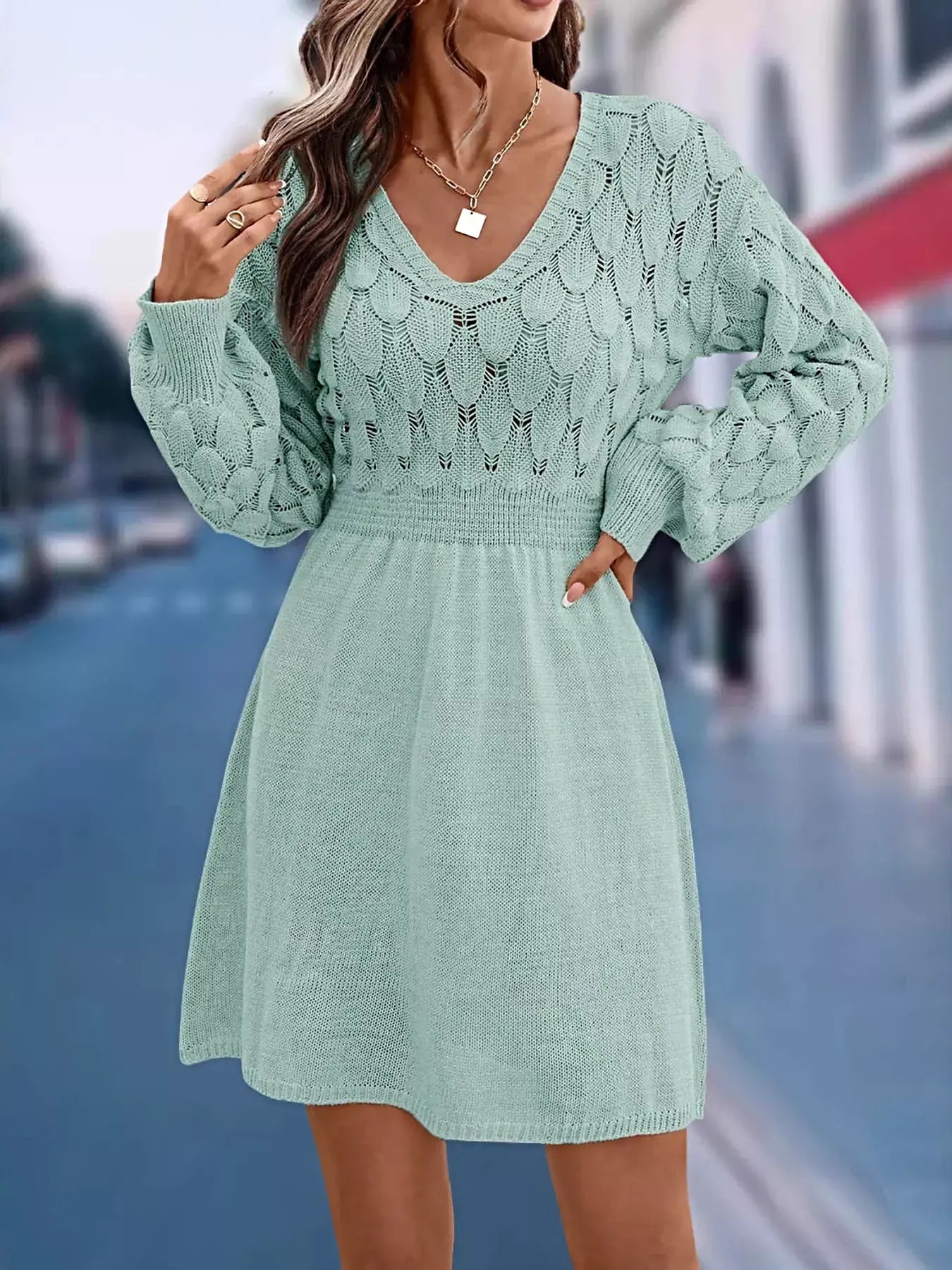 V-Neck Long Sleeve Sweater Dress -