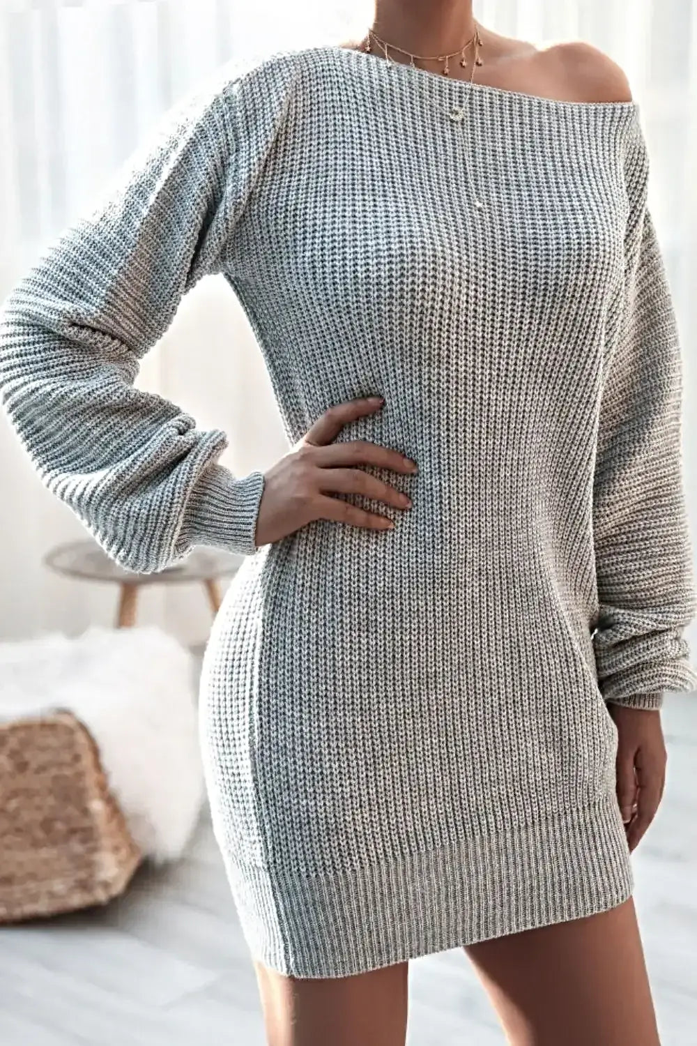 Boat Neck Long Sleeve Mini Sweater Dress -