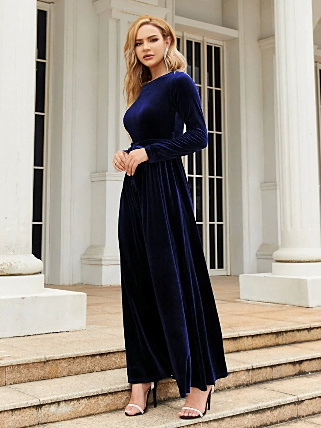 Elegant Tie Front Long Sleeve Maxi Dress in Opaque Polyester – Comfortable and Stylish Trendsi