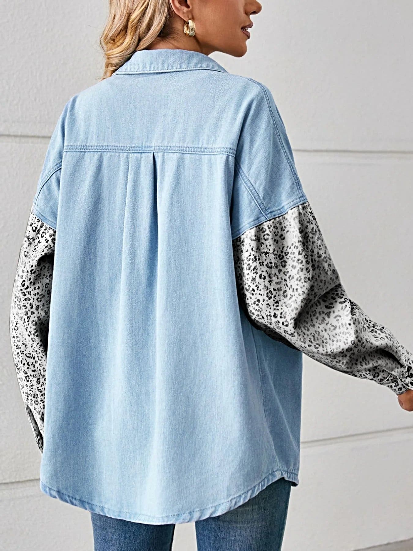 Leopard Patchwork Button Up Denim Shirt -