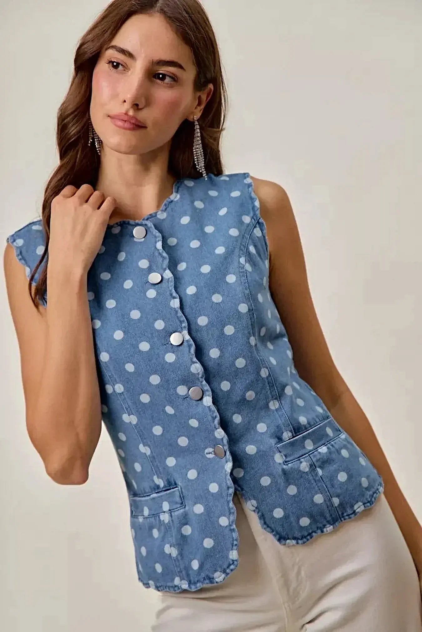 SO ME Polka Dot Denim Scallop Edge Button Down Vest Top -
