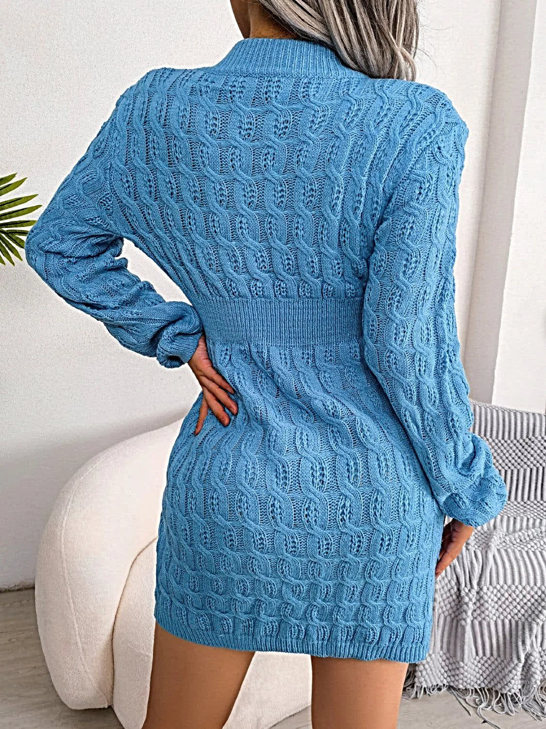 Luxury Cable Knit Sweater Dress with Round Neck and Mini Wrap Design – High-Quality Acrylic -