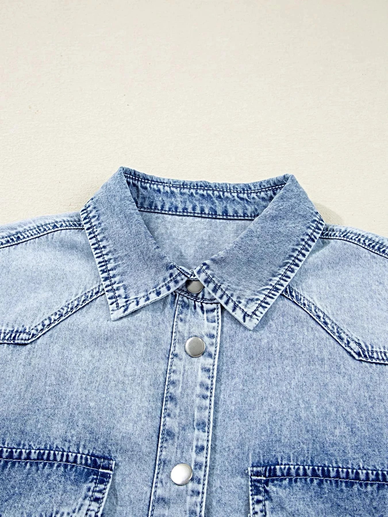 Chest Pocket Raw Hem Denim Loose Shirt Dress -