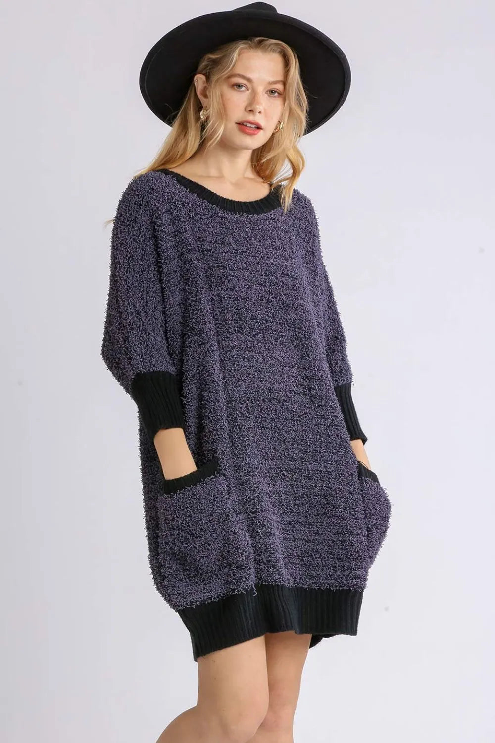 Umgee Full Size Ribbed Hem Round Neck 3/4 Sleeve Sweater Dress with Pockets Plus Size -