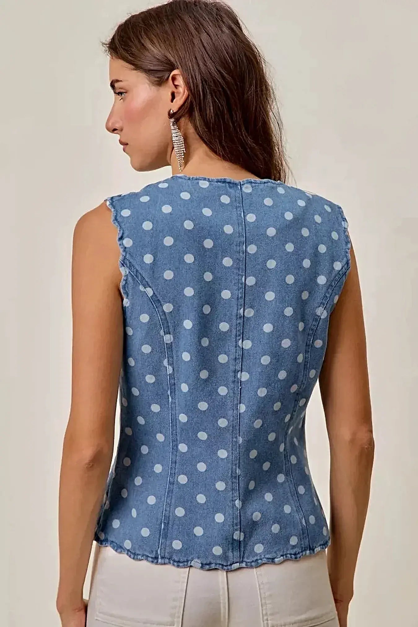 SO ME Polka Dot Denim Scallop Edge Button Down Vest Top -