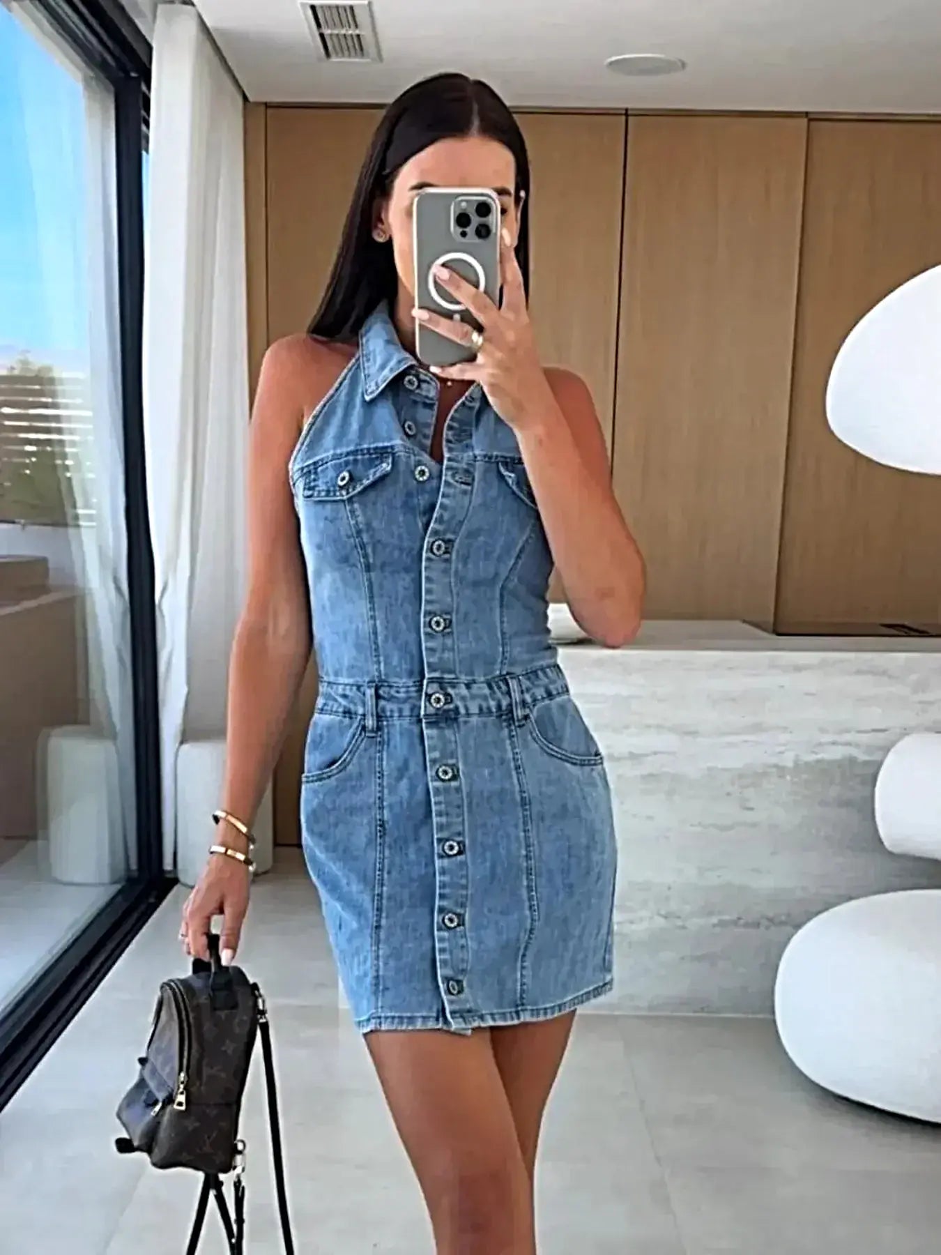 Button Front Sleeveless Denim Mini Dress -