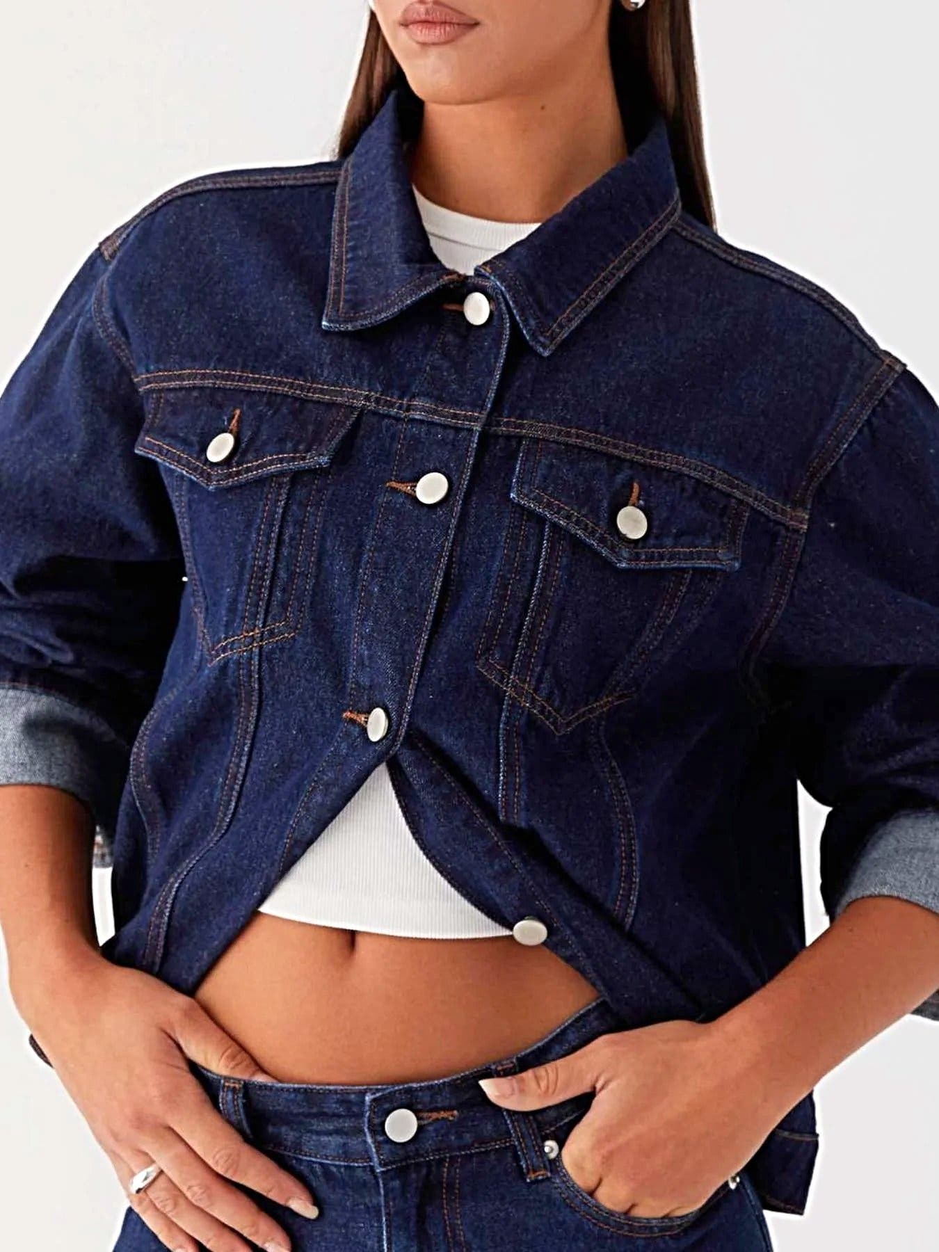 Button Down Cropped Oversized Denim Jacket -