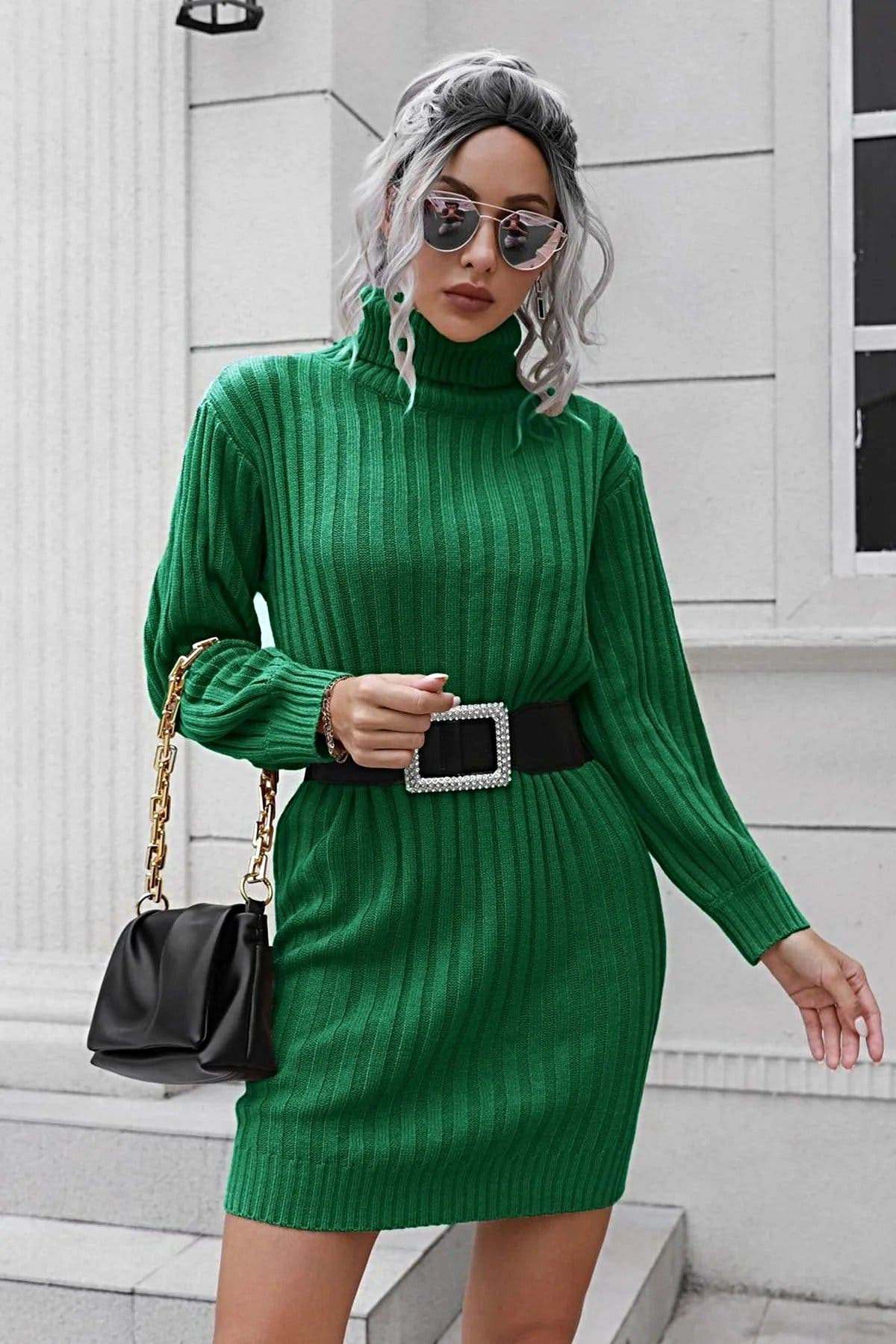 Ribbed Turtle Neck Long Sleeve Mini Sweater Dress -