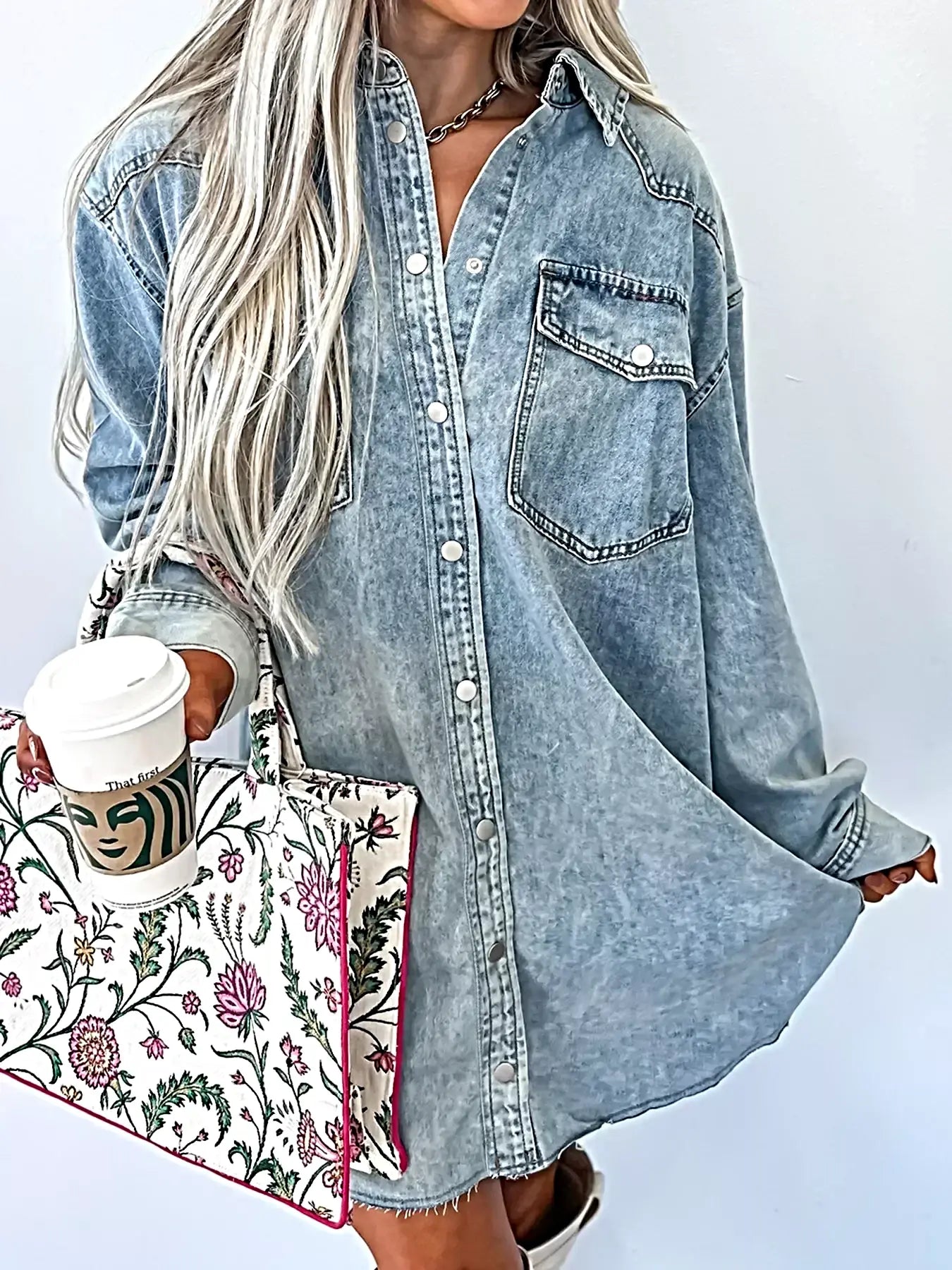Chest Pocket Raw Hem Denim Loose Shirt Dress -