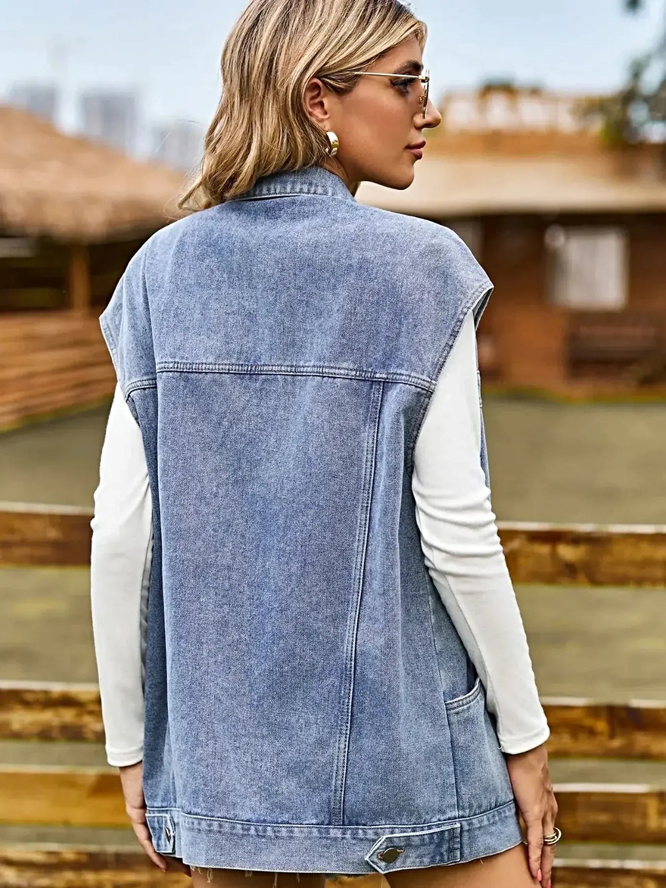 Button Up Collared Neck Sleeveless Denim Jacket -