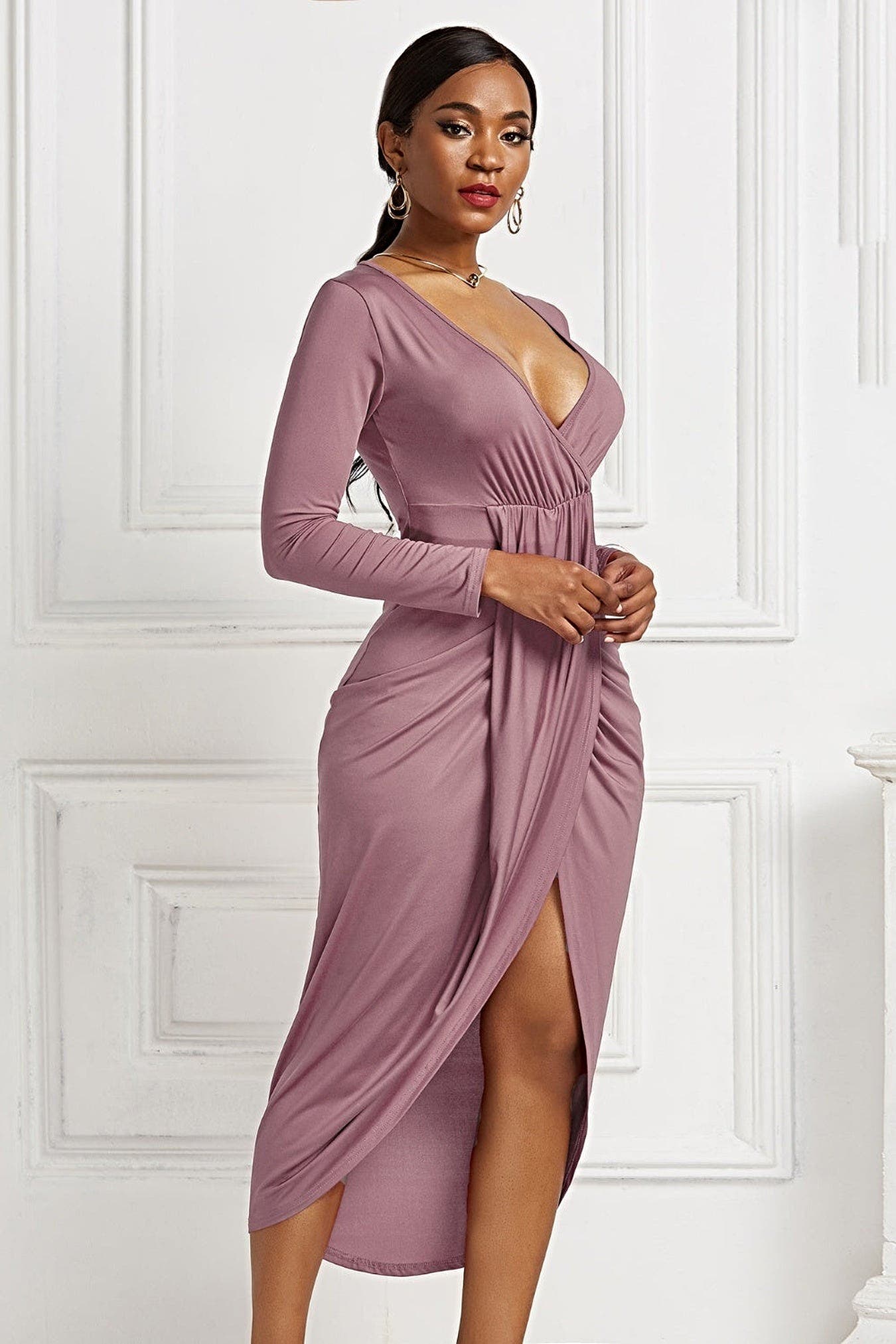 High-low Ruched Surplice Long Sleeve Dress -