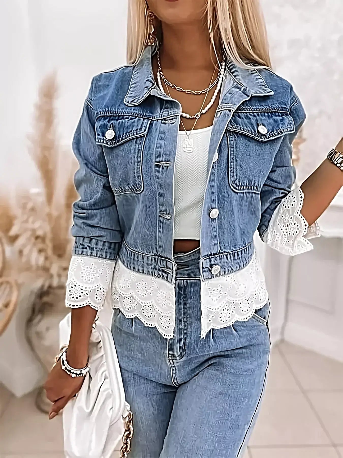 Cropped Denim Jacket with Lace Trim -