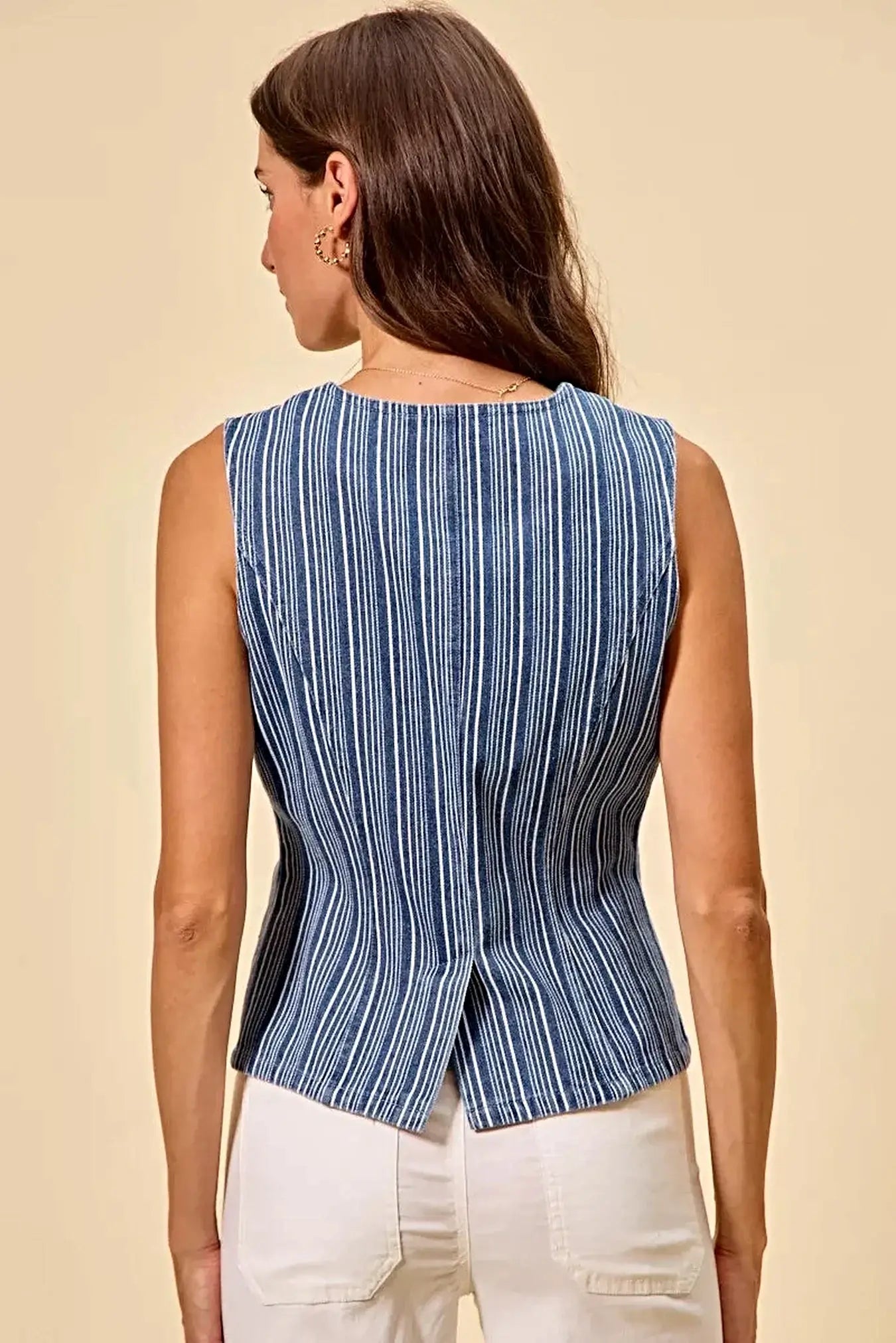 SO ME Stripe Slim Fit Button Front Denim Vest Top -