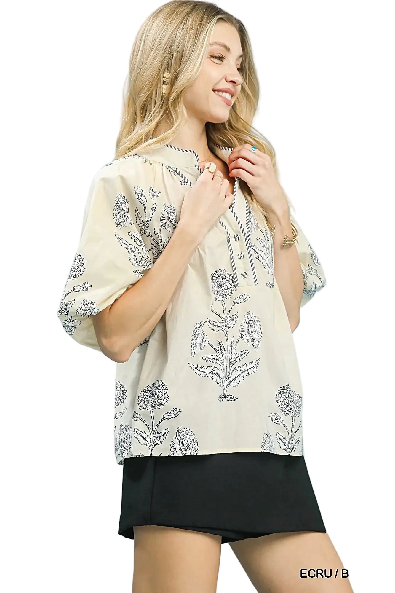Umgee Floral Print V-Neck Top -