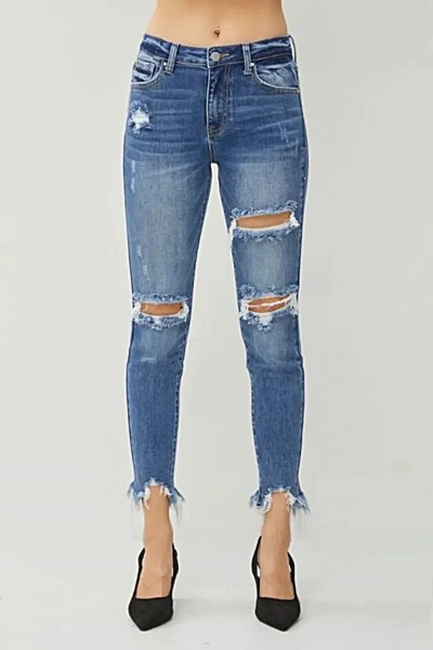 RISEN Distressed Frayed Hem Slim Jeans - Jeans