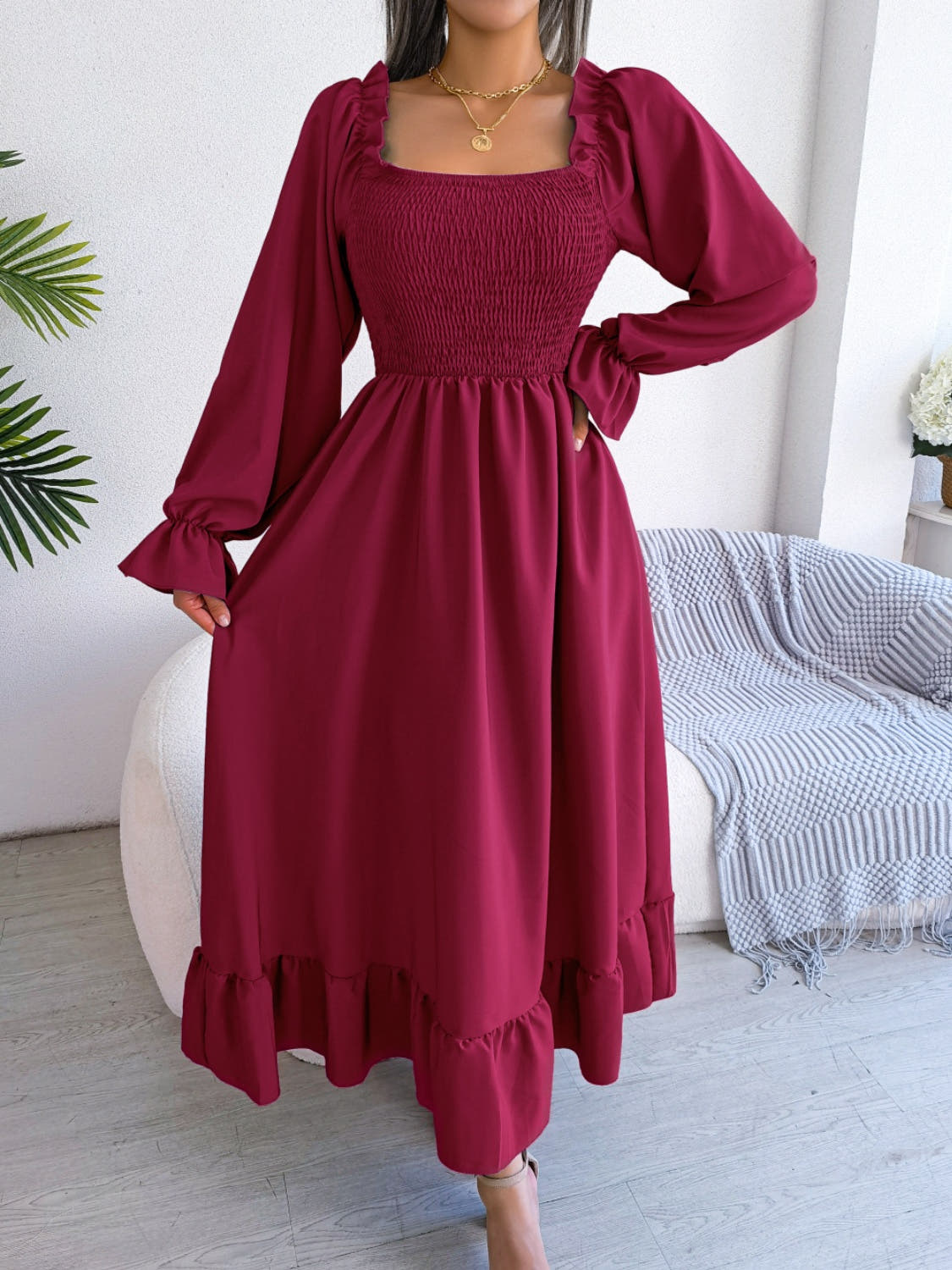 Smocked Square Neck Flounce Sleeve Dress -