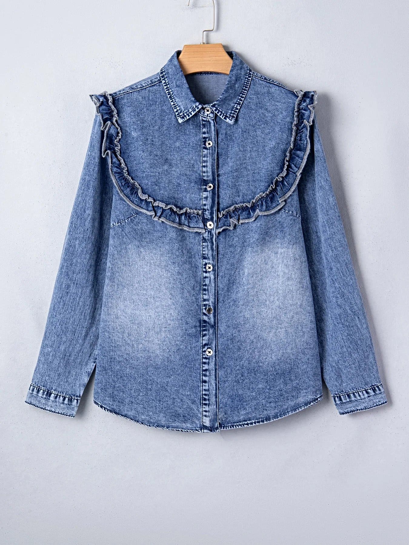 intage Wash Denim Ruffle Detail Button Down Shirt -