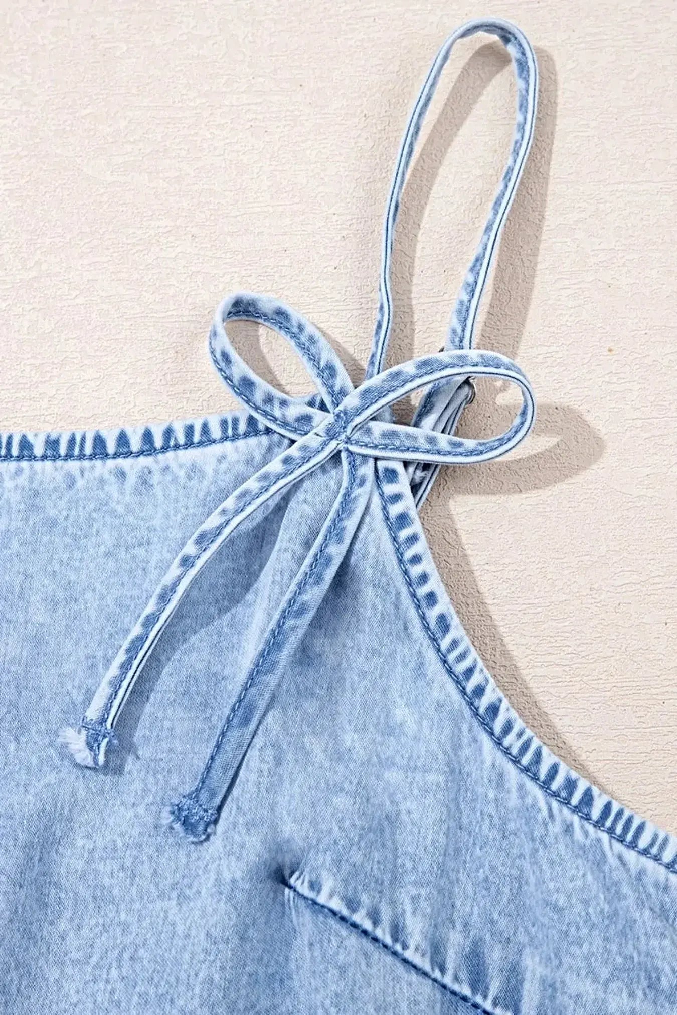 Bow Detail Spaghetti Straps Ruffle Hem Denim Dress -