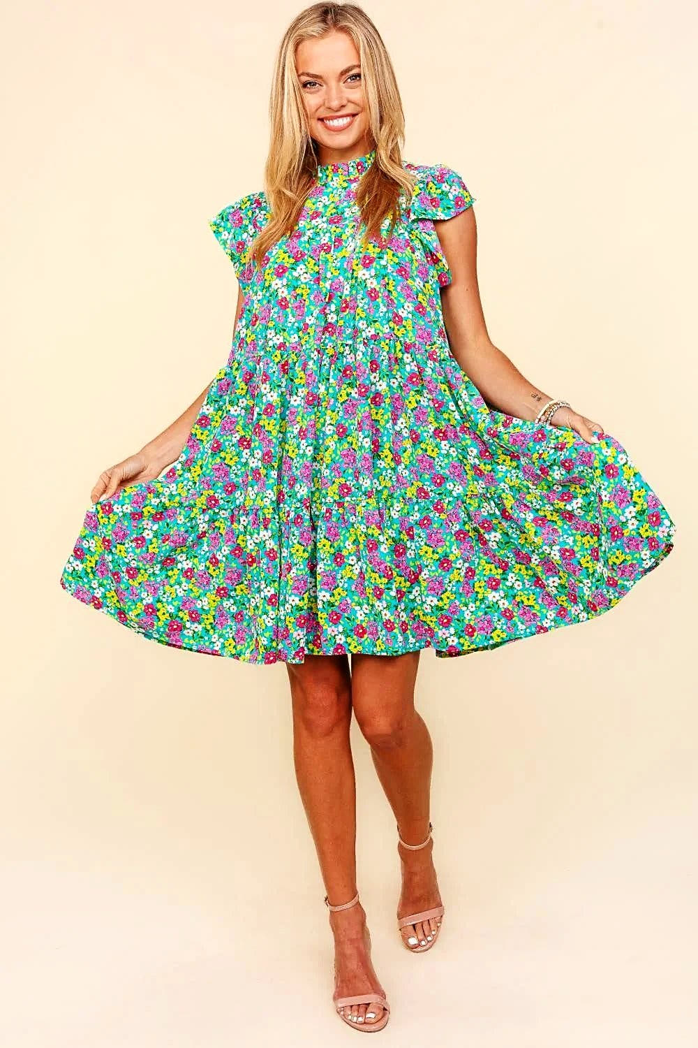 Haptics Frilled Mock Neck Ditsy Floral Dress -