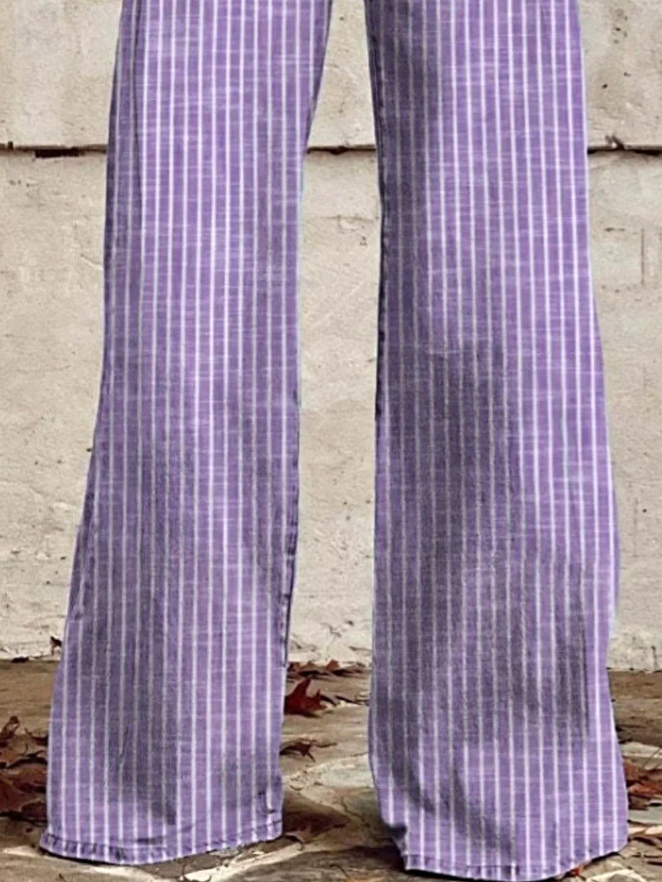 Striped High-Waisted Wide Leg Jeans -