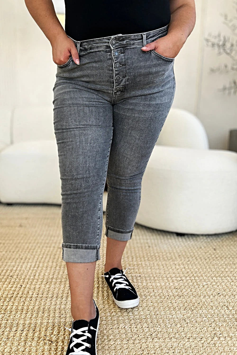 Judy Blue Full Size Button Fly High Waist Cuffed Capris -