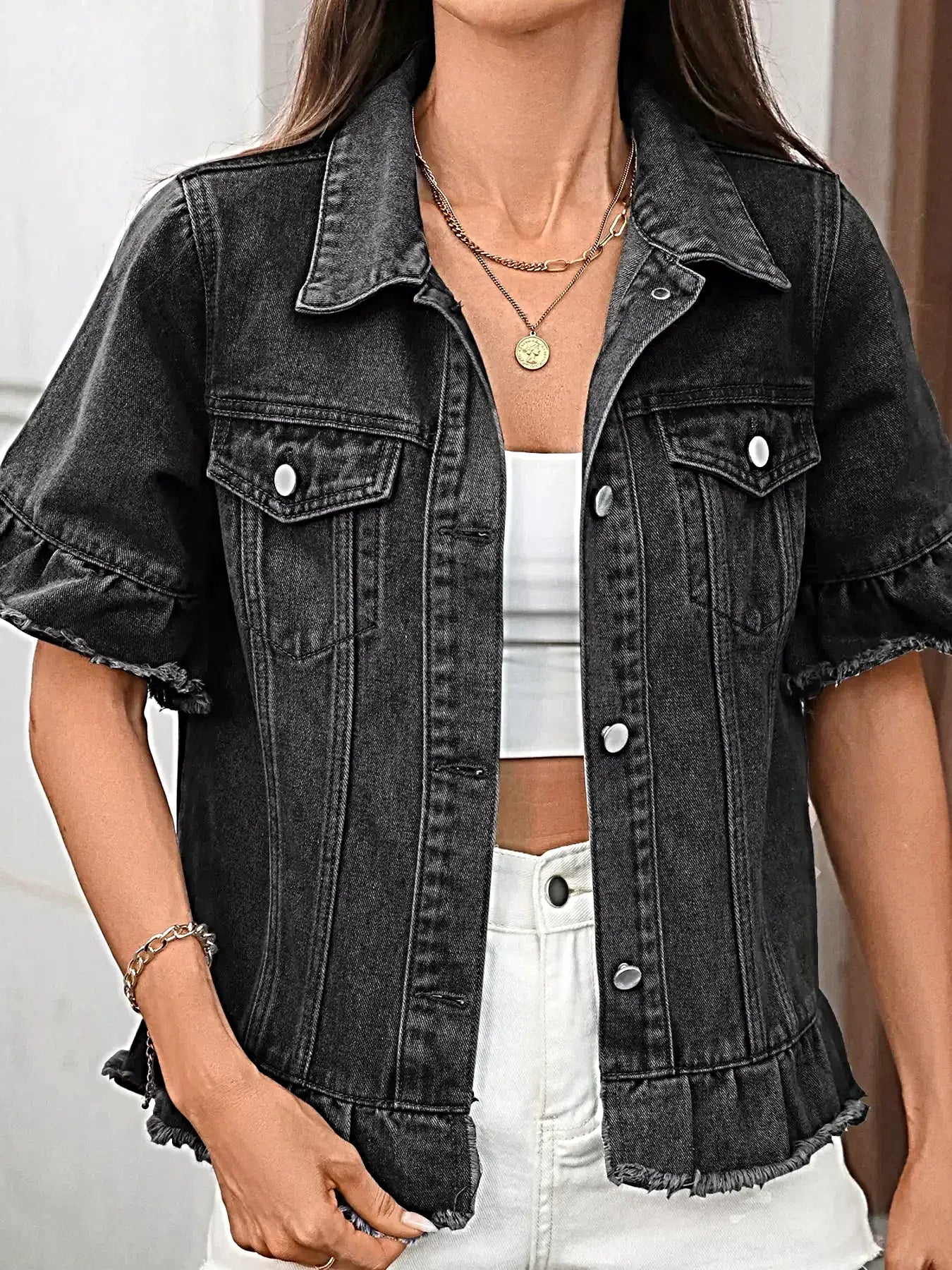 Chic Raw Hem Button Up Denim Jacket with Ruffled Details - Trendy Fashion for Every Occasion -