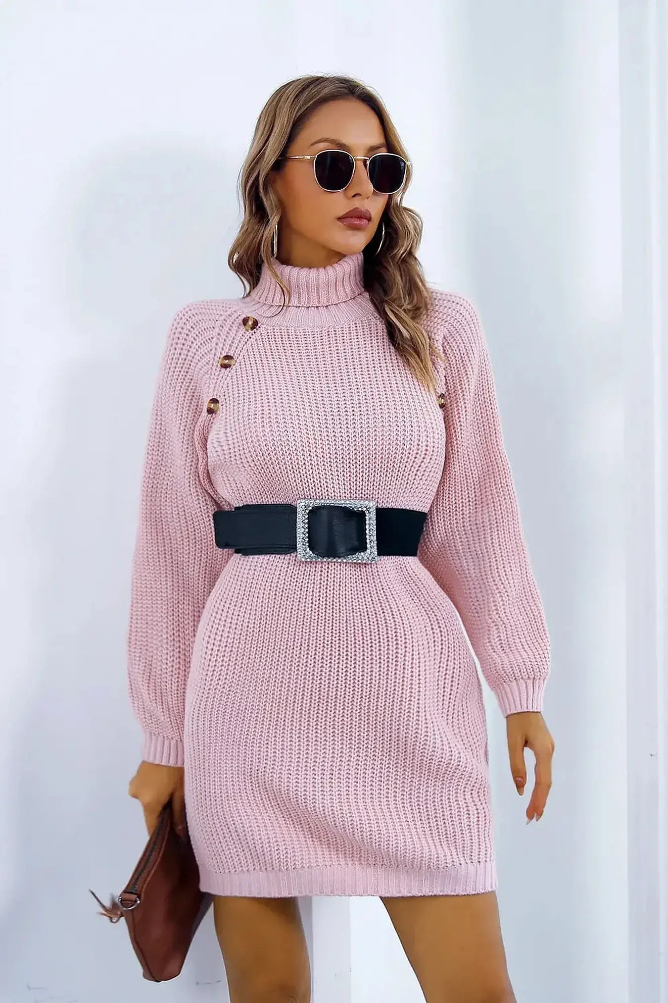 Buttoned Turtleneck Long Sleeve Sweater Dress -