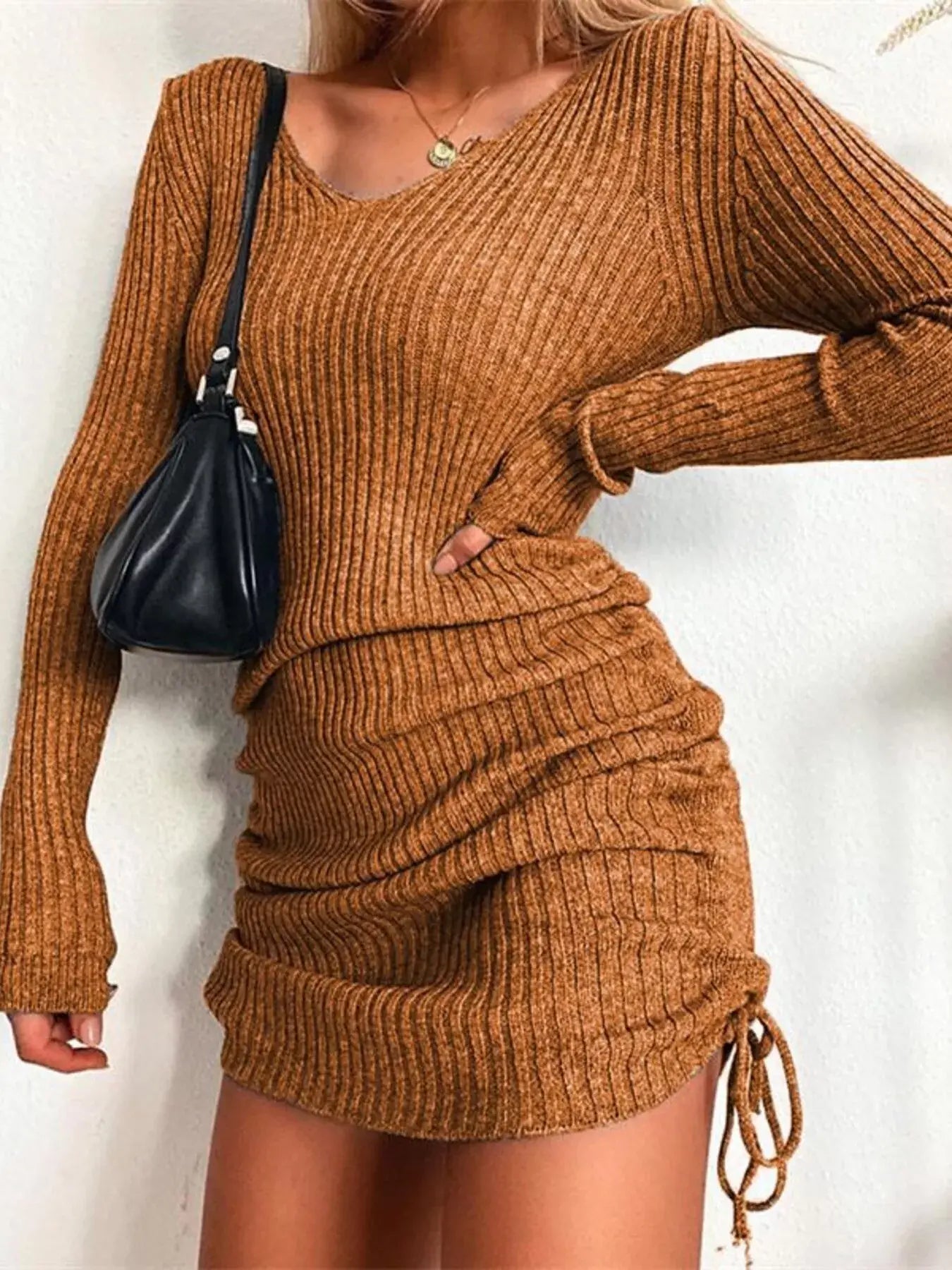 Full Size Ribbed Knit Drawstring Bodycon Sweater Dress Plus Size -