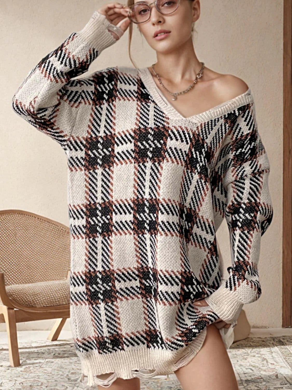 Distressed Plaid Sweater Dress with V-Neck and Long Sleeves - Trendy Comfort in One Size Trendsi