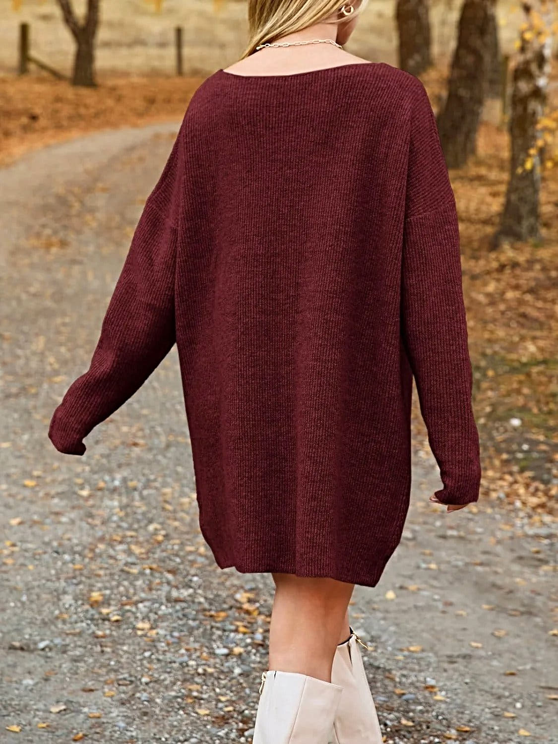 V-Neck Dropped Shoulder Sweater Dress -