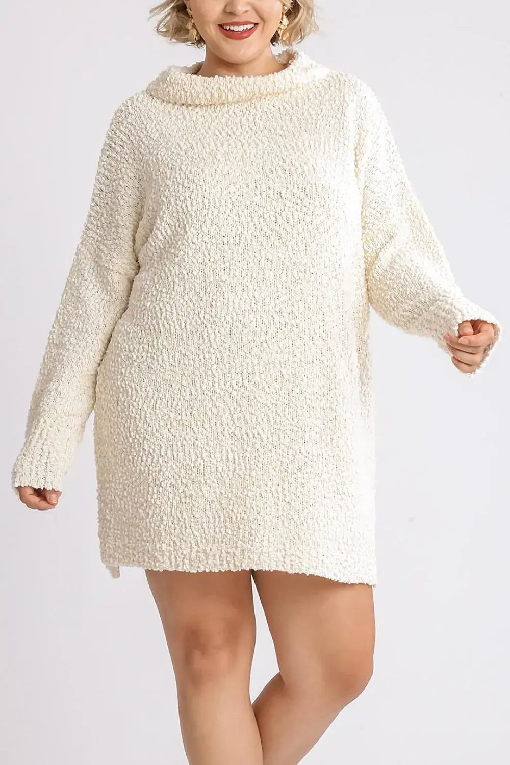 Umgee Full Size High Low Long Sleeve Boucle Sweater Dress Plus Size -