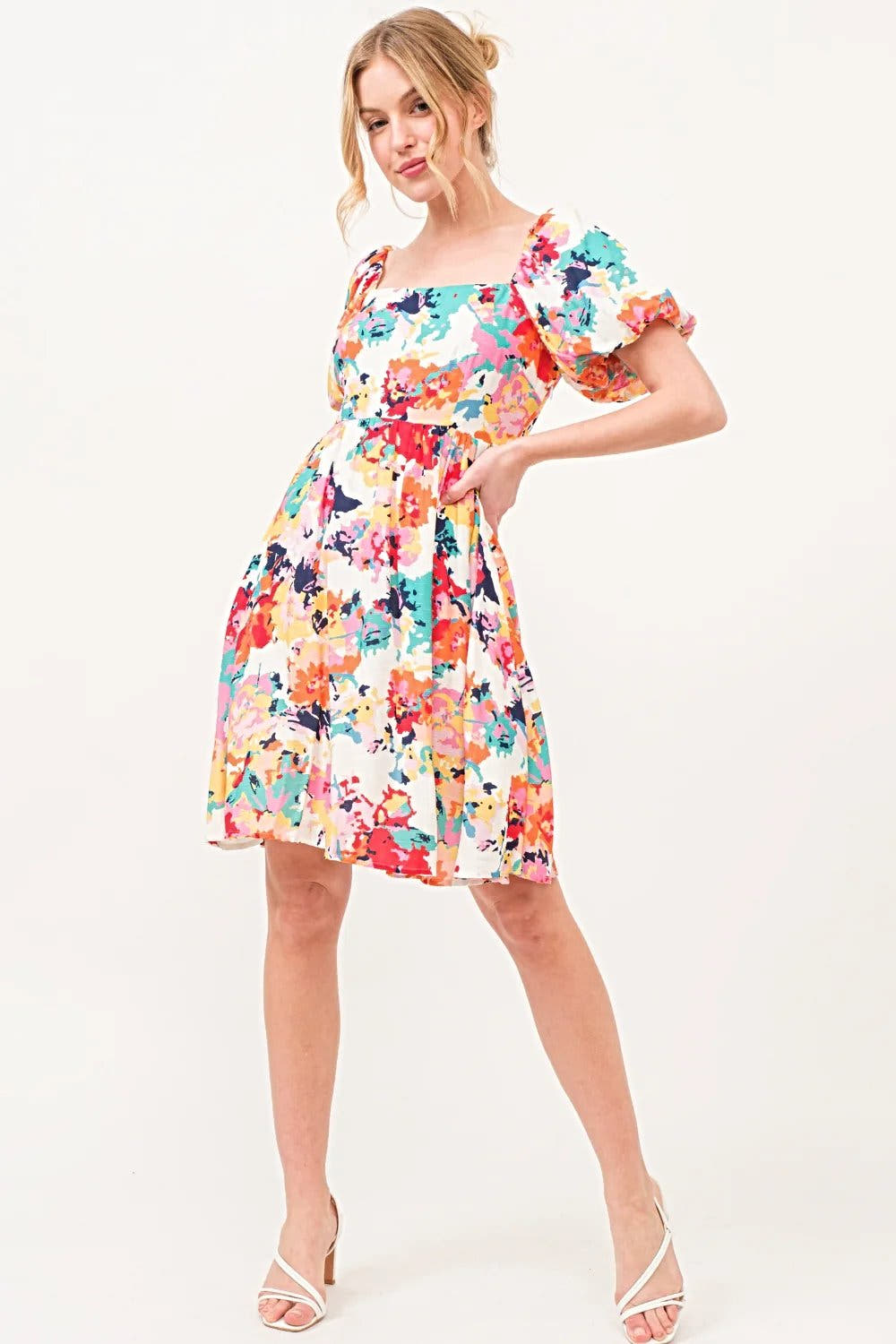 Floral Puff Sleeve Dress with Square Neckline and Pockets - Trendy Women's Fashion Trendsi