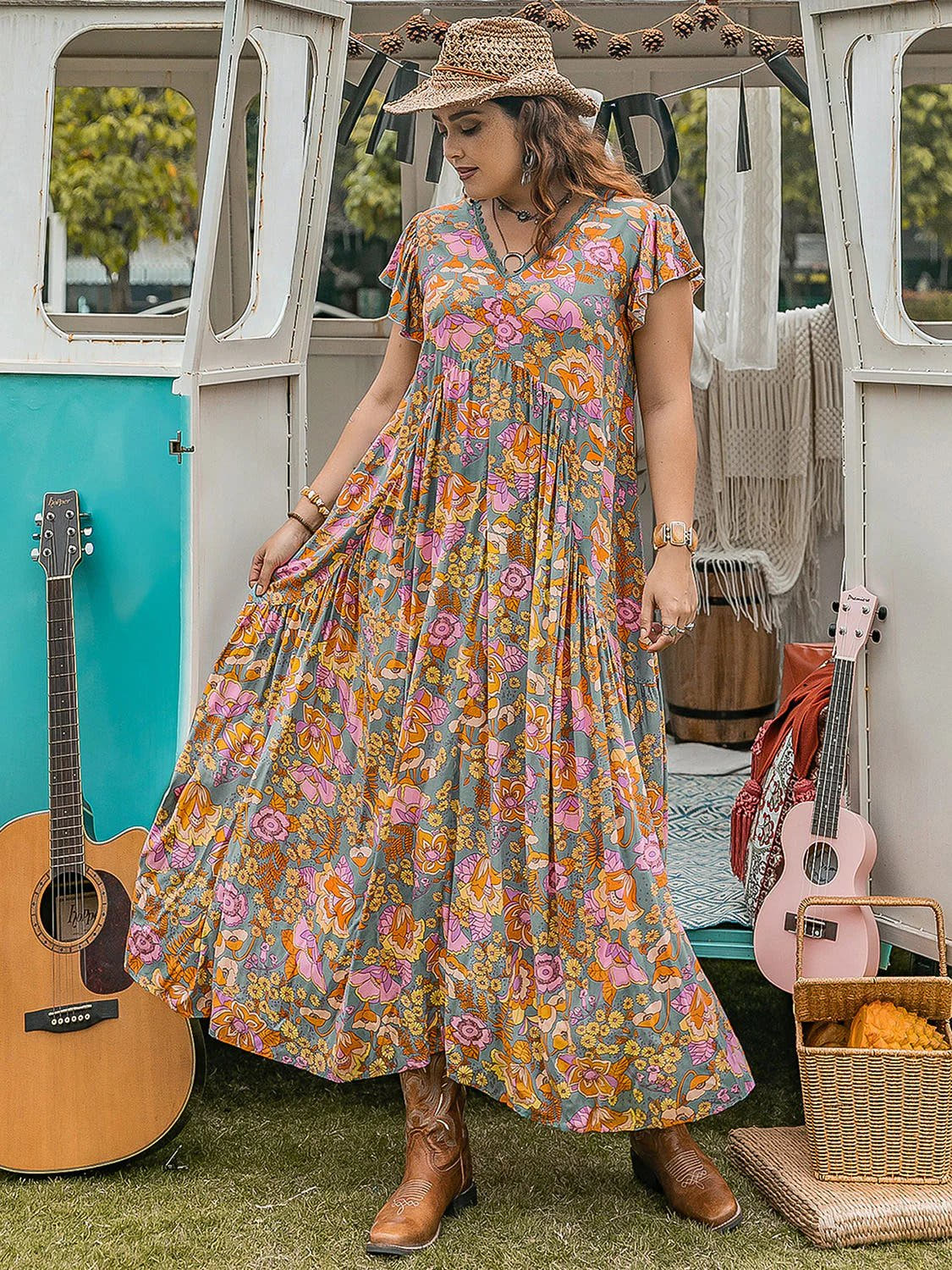Plus Size Ruffled Printed Cap Sleeve Dress -