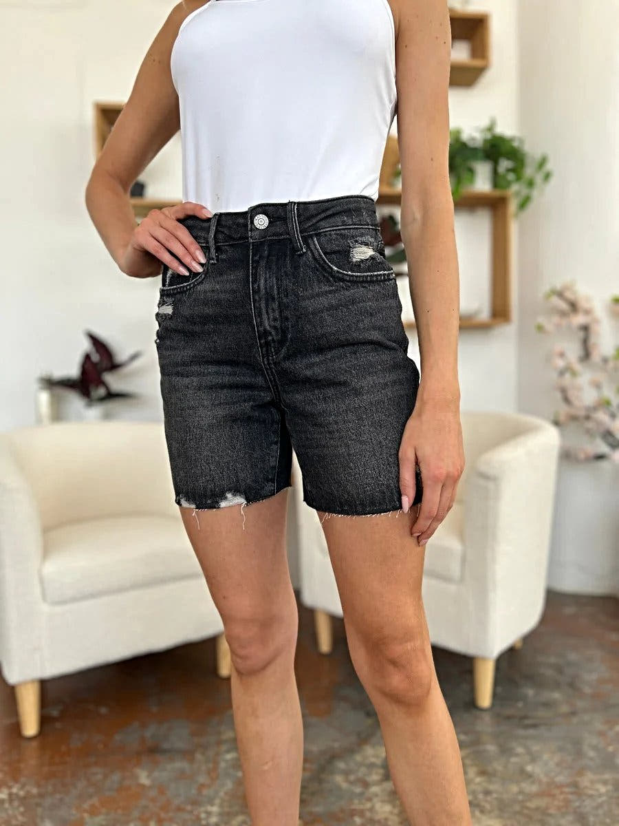 Judy Blue High Waist Denim Shorts - Full Size, Rigid Magic Fit with Raw Hem, Elevate Your Summer Style Trendsi