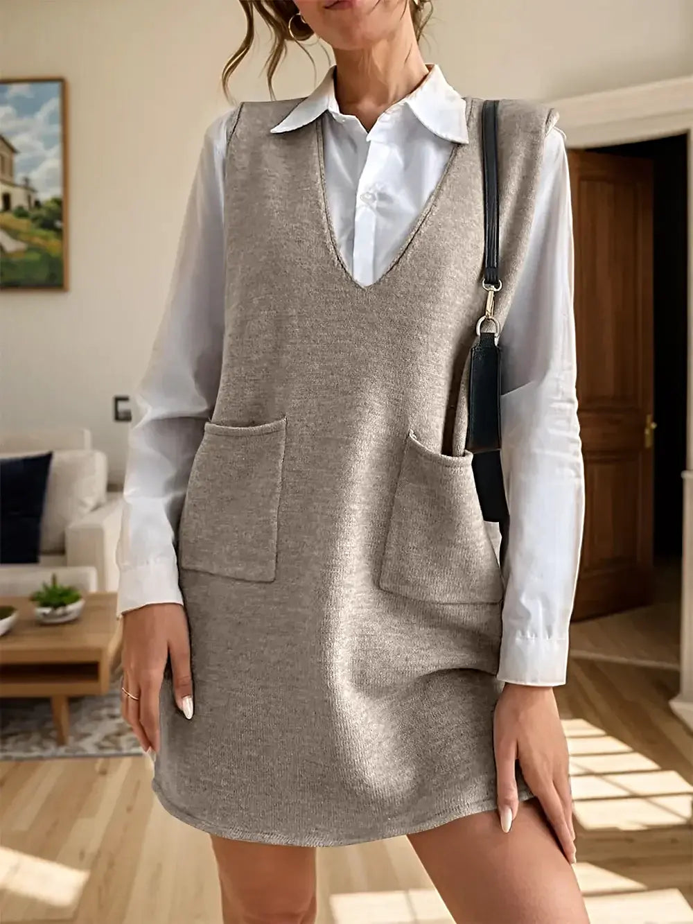 V-Neck Sleeveless Sweater Dress with Pockets -