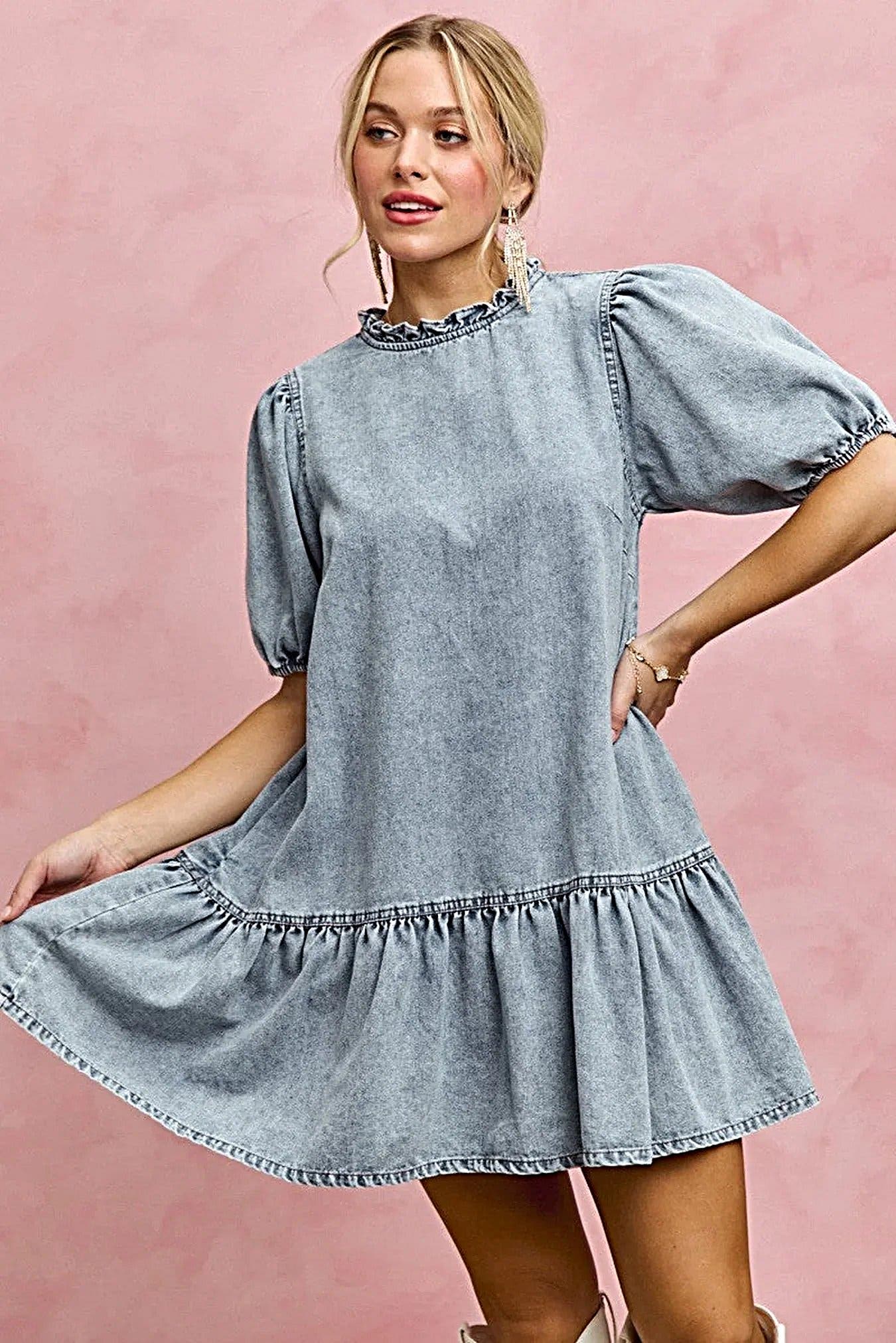 SO ME Denim Short Sleeves Mini Tiered Dress -