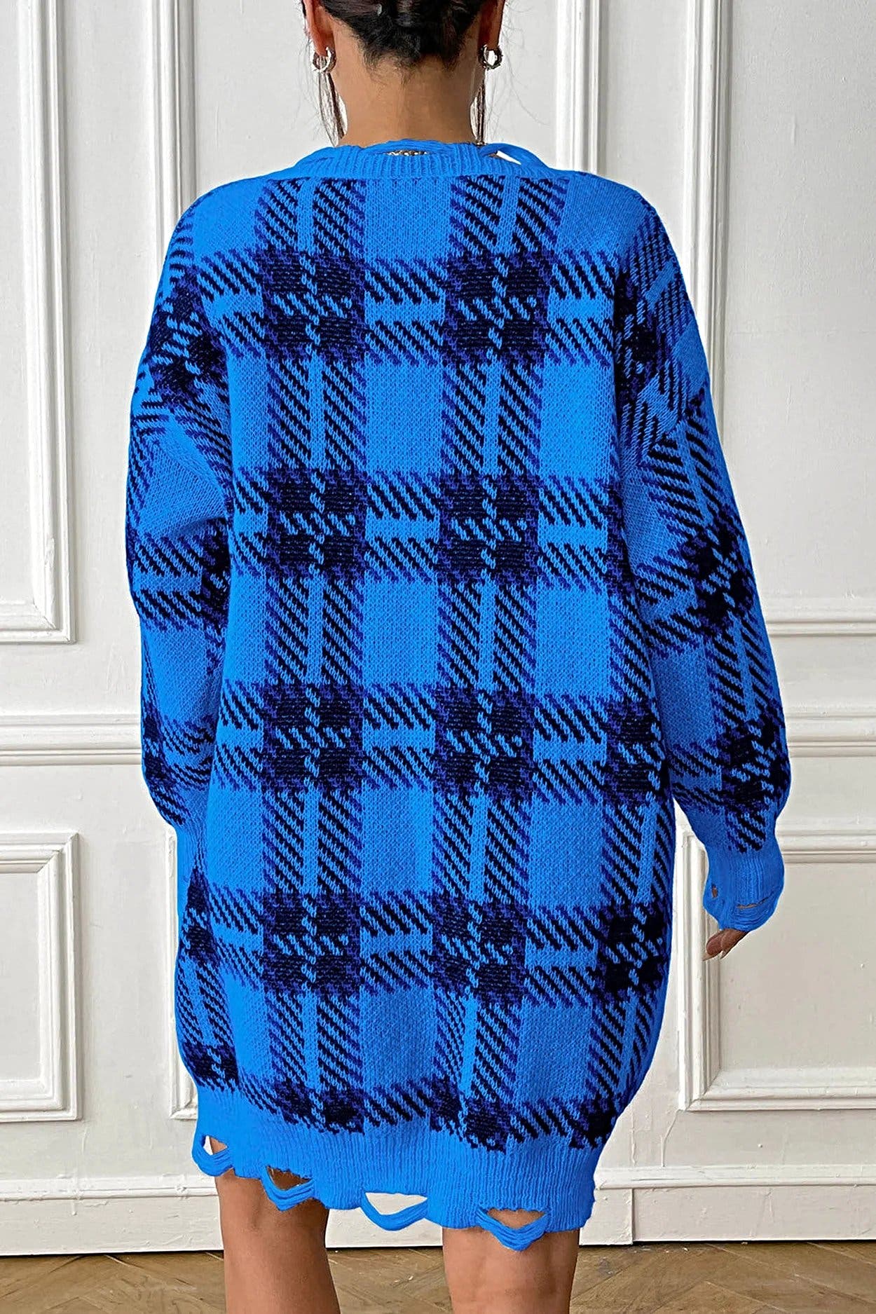Plaid V-Neck Long Sleeve Sweater Dress -