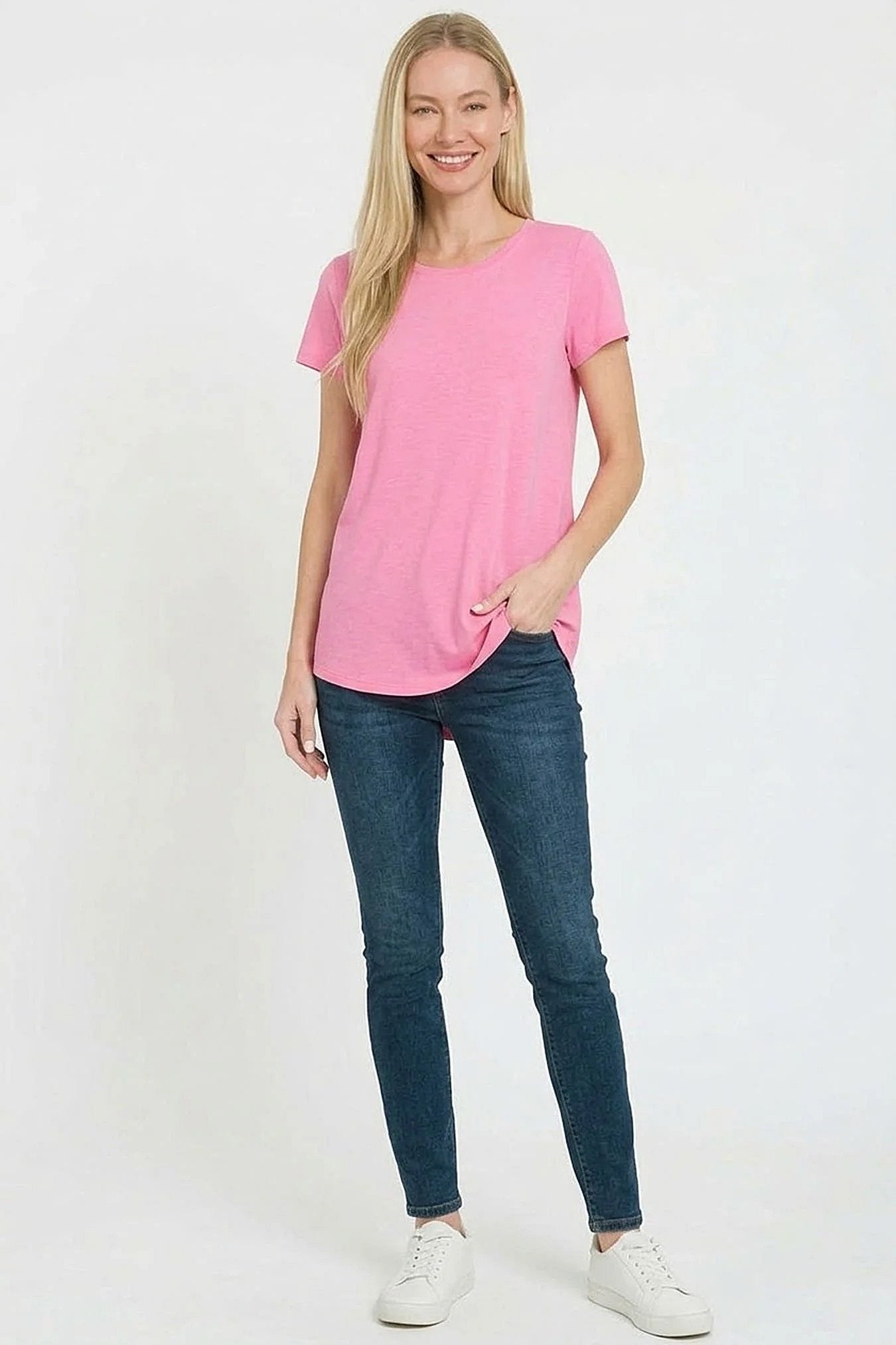 Zenana Rayon Short Sleeve V-neck Round Hem Top -