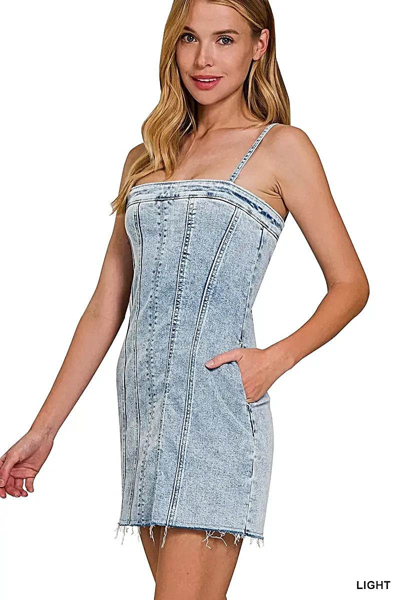 Zenana Spaghetti Strap Exposed Seam Light-Wash Dress -