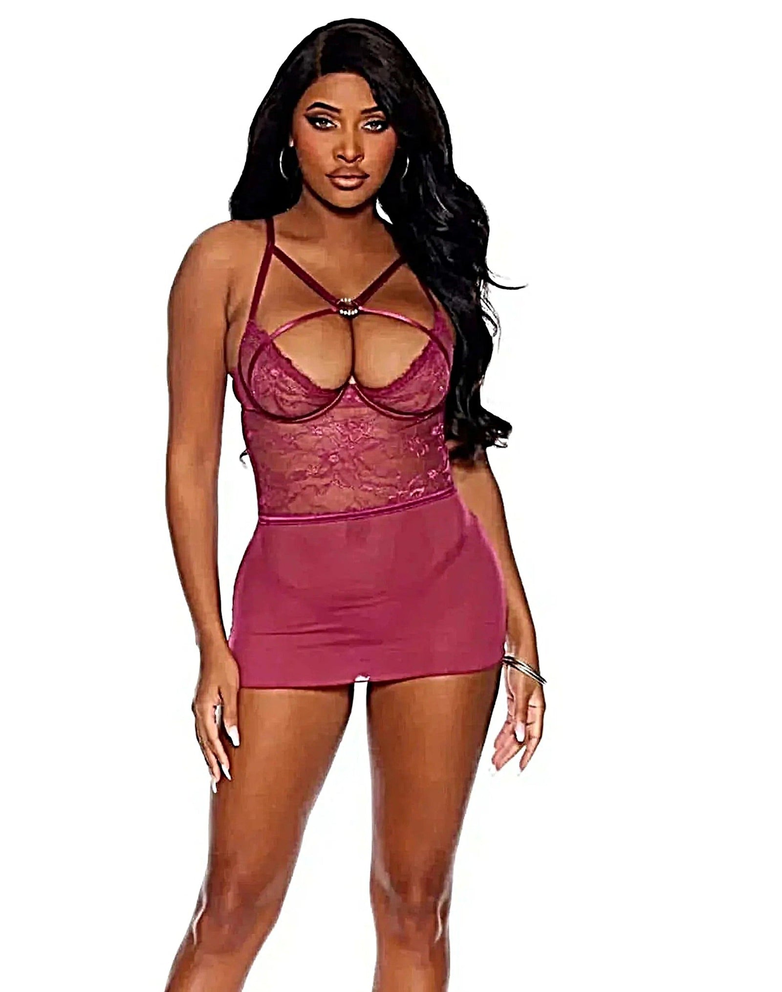 Lace and Mesh Babydoll with Strappy Front Detail and Rhinestone Accent in Spice Color Elegant Moments