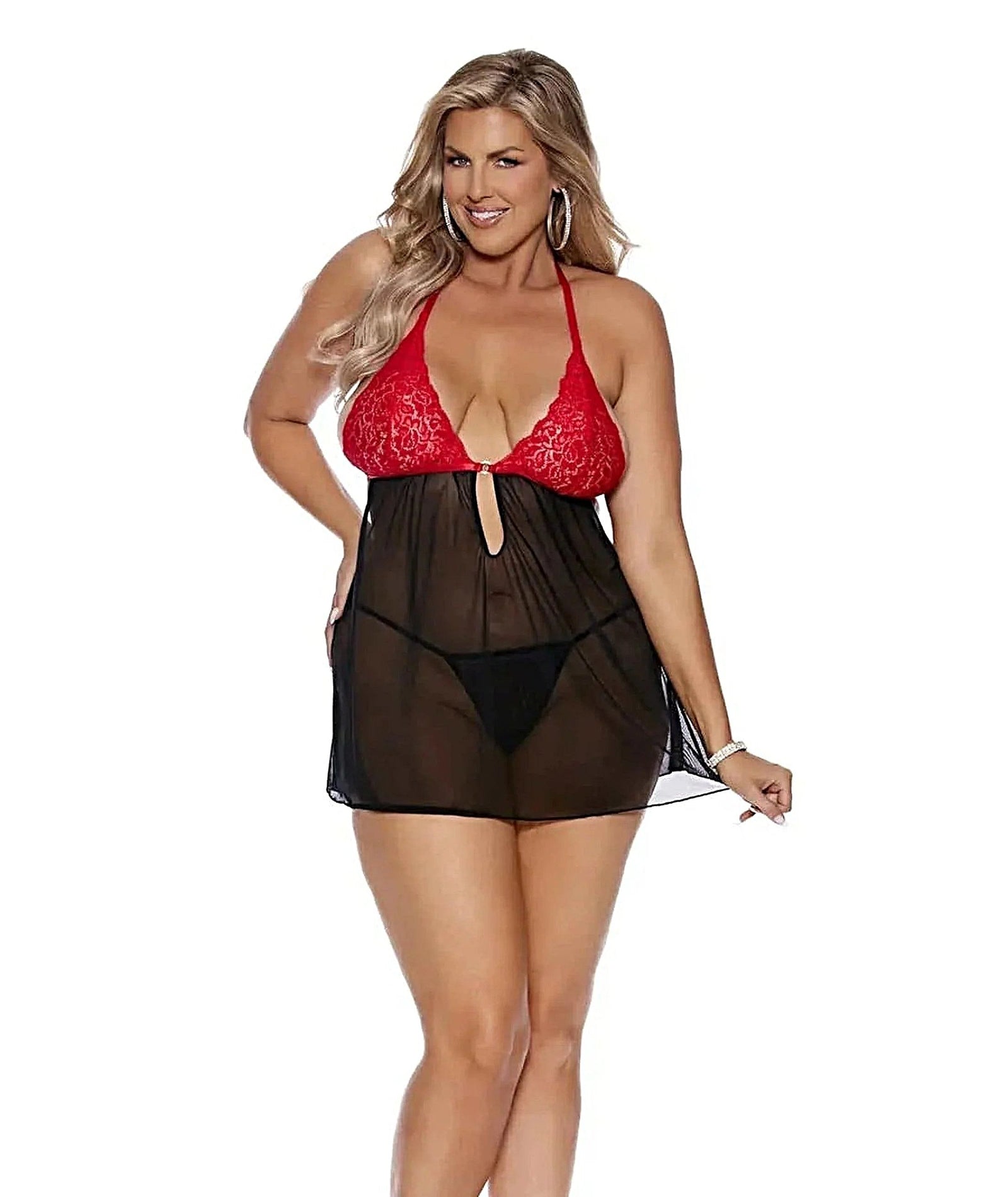 Elegant Keyhole Front Babydoll With Rhinestone Accent & G-String, Plus Sizes Available Elegant Moments