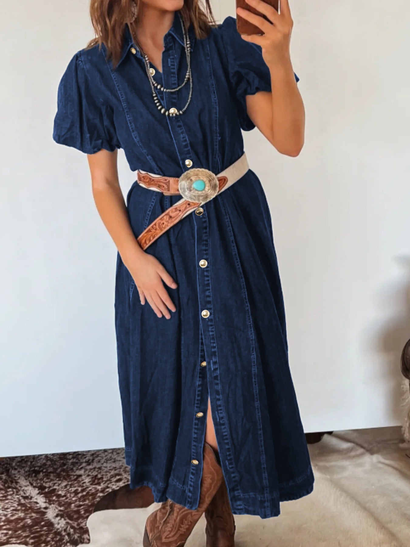 Belted Button-Down Midi Denim Dress -