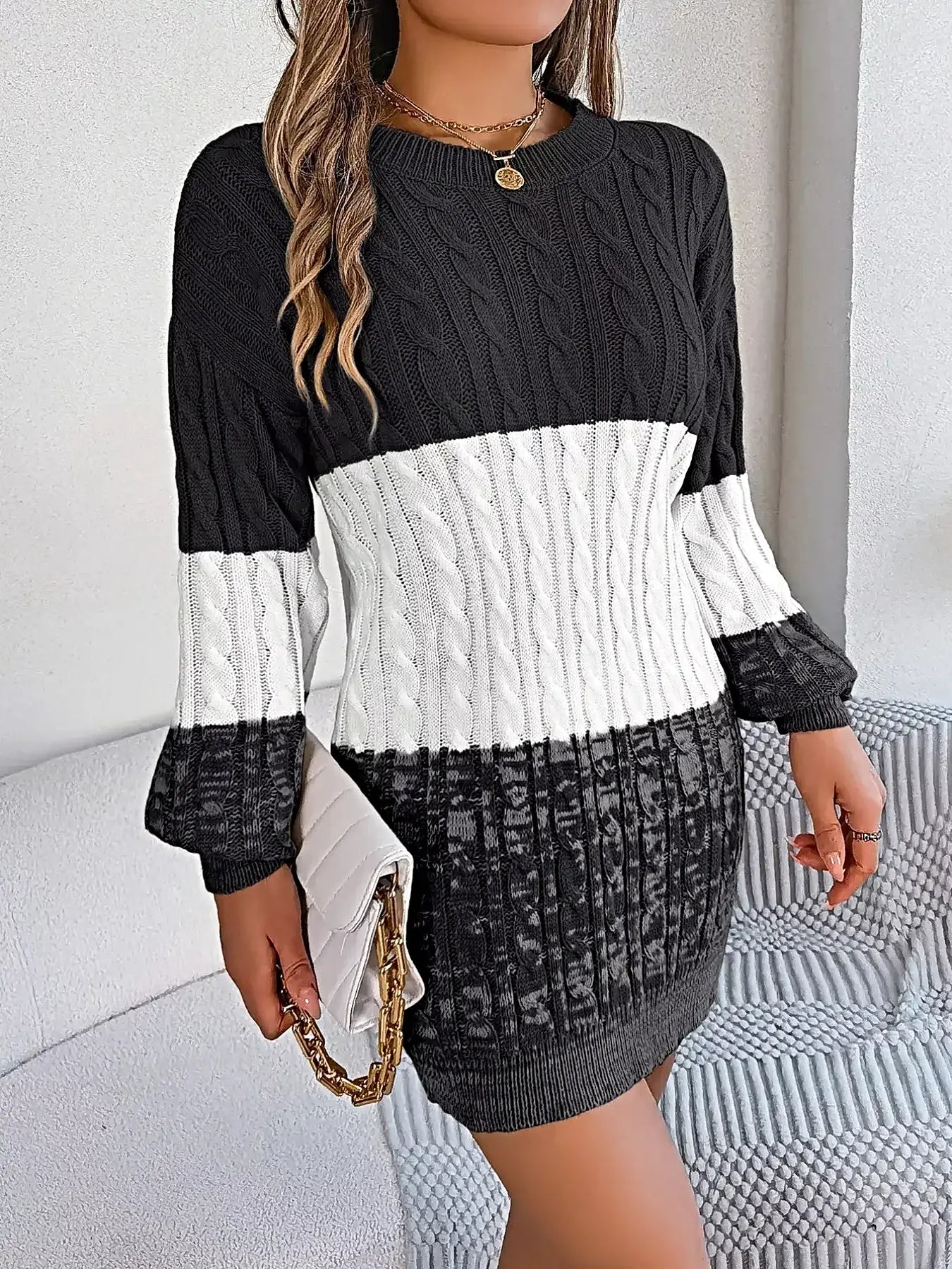 Color Block Cable Knit Sweater Dress with Textured Pattern -