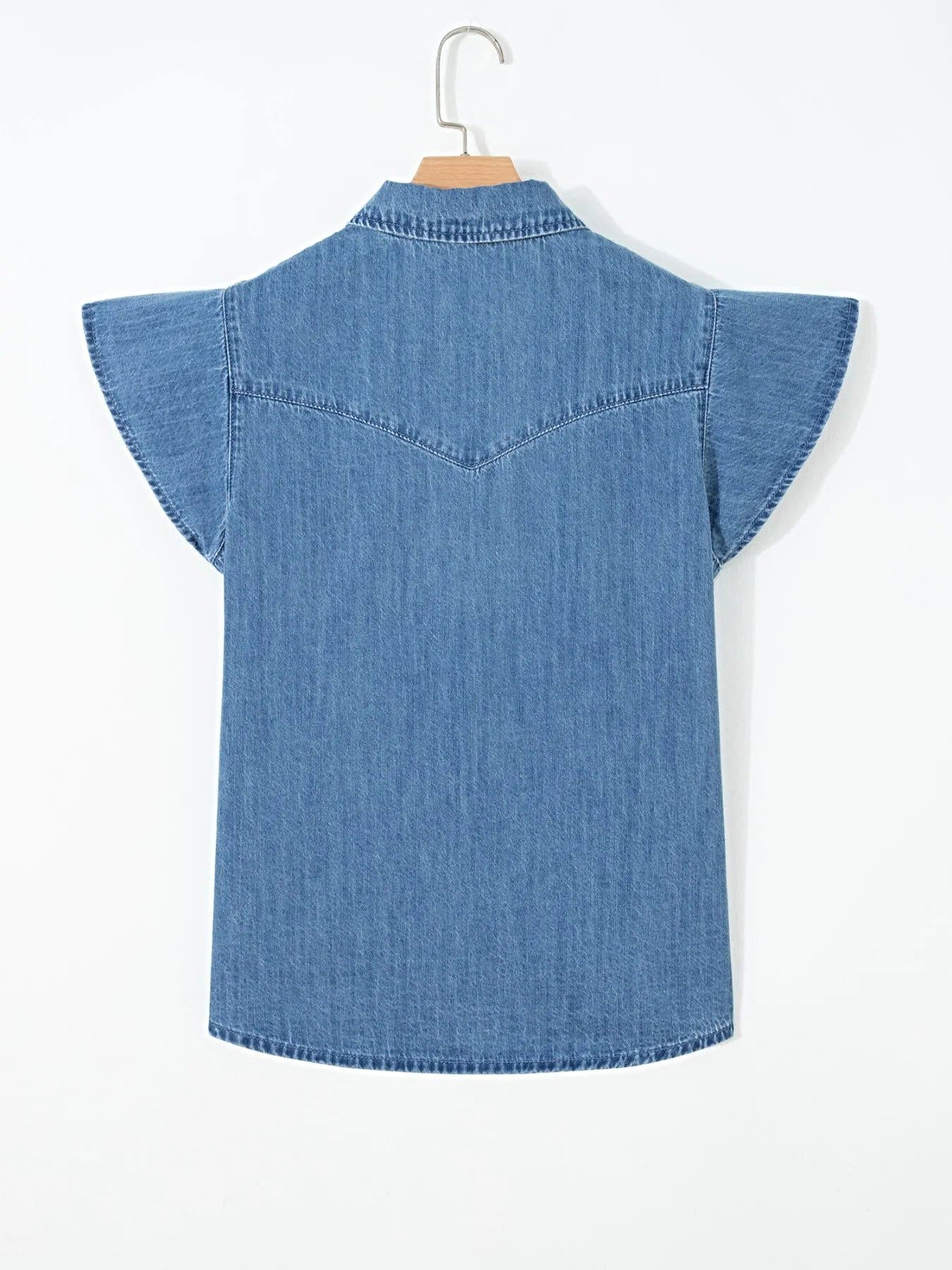 Ruffled Short Sleeve Denim Shirt -