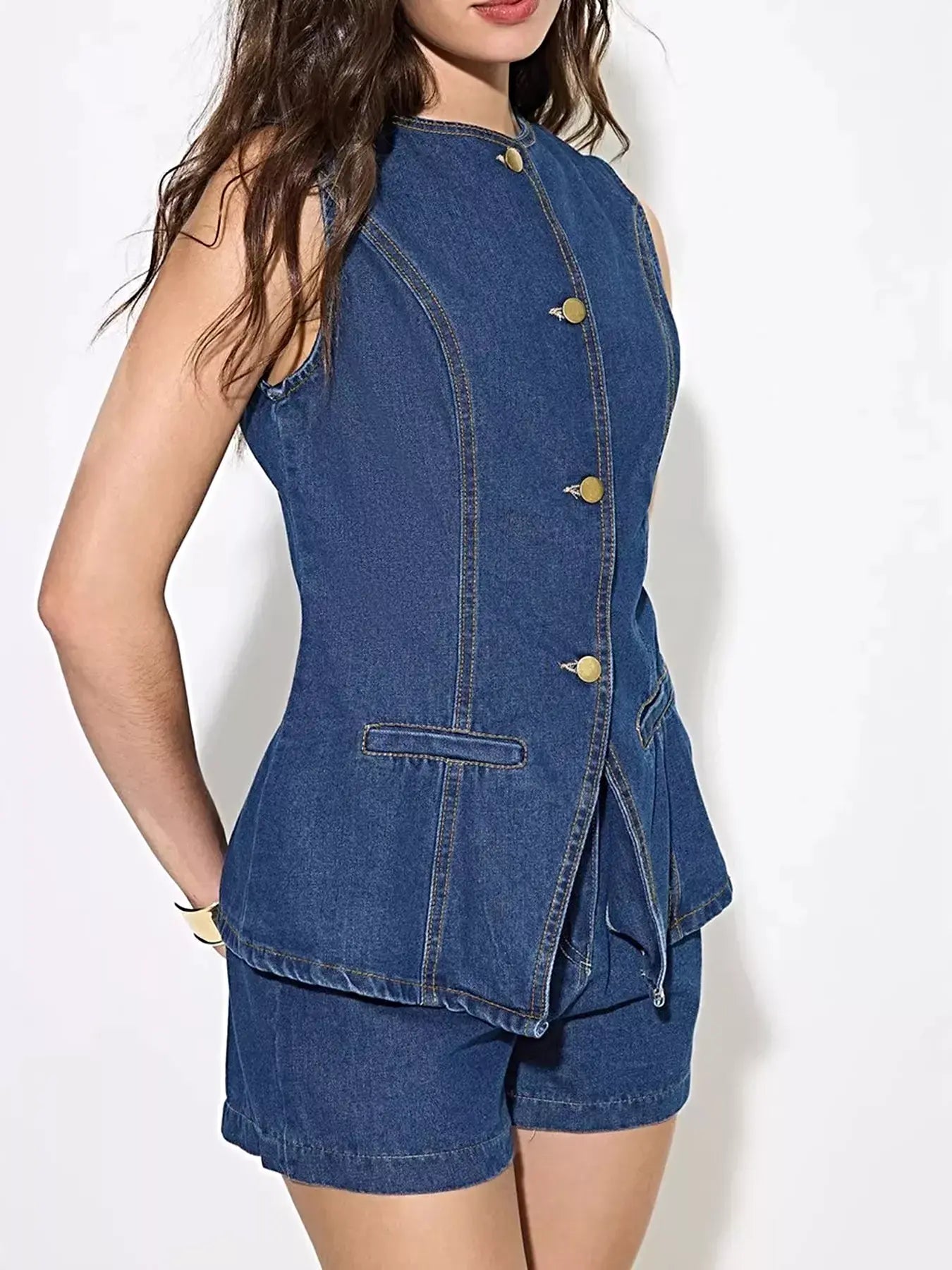 Button Up Sleeveless Denim Top -