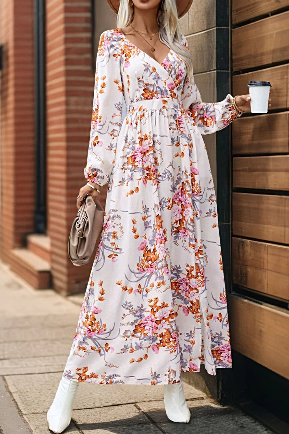 Perfee Elegant 100% Polyester Maxi Dress With Slit - Long Sleeve Surplice Design Trendsi